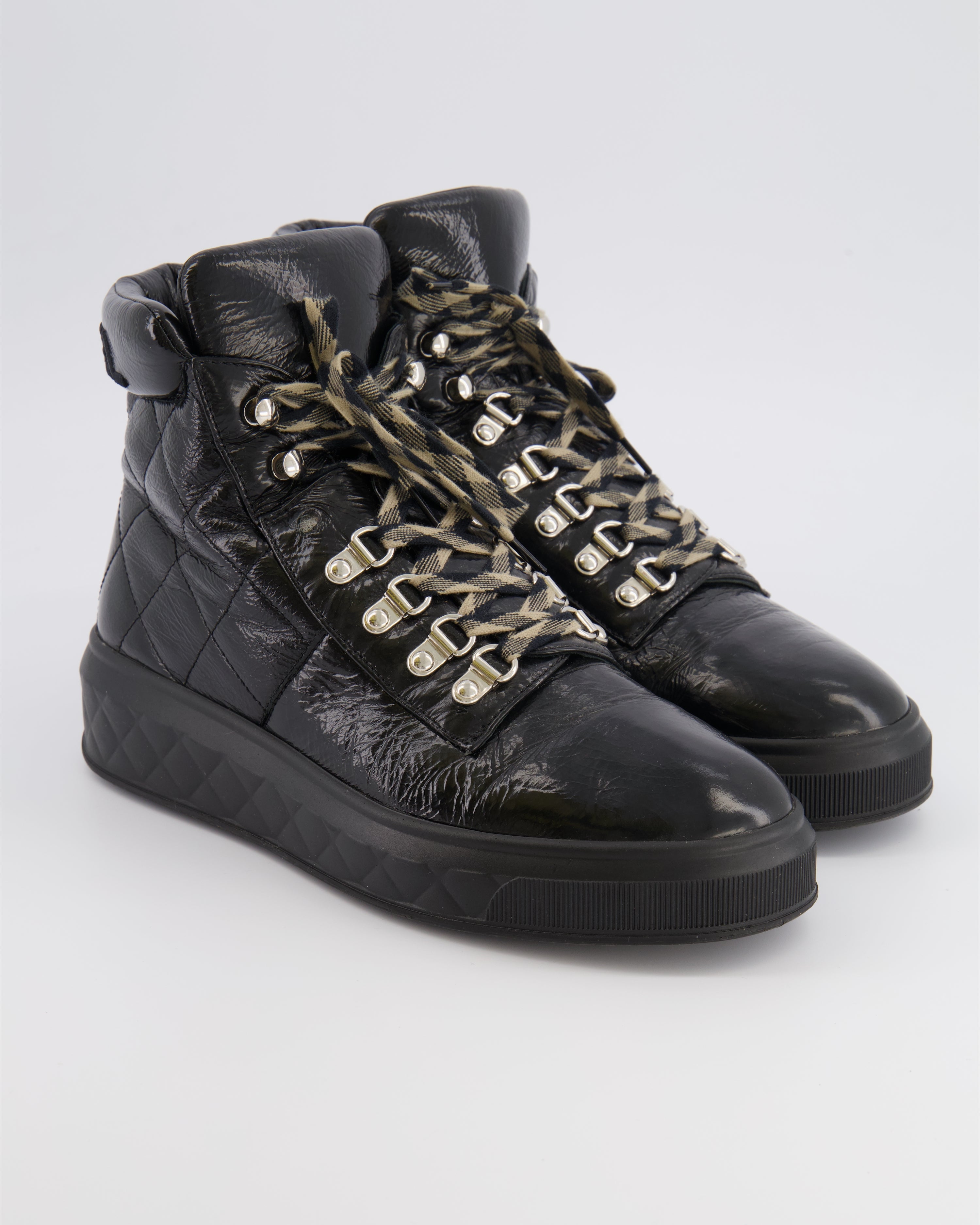 Chanel Black Quilted Calfskin Leather Boots with Embroidered Back Logo and Beige and Black Laces Size EU 39