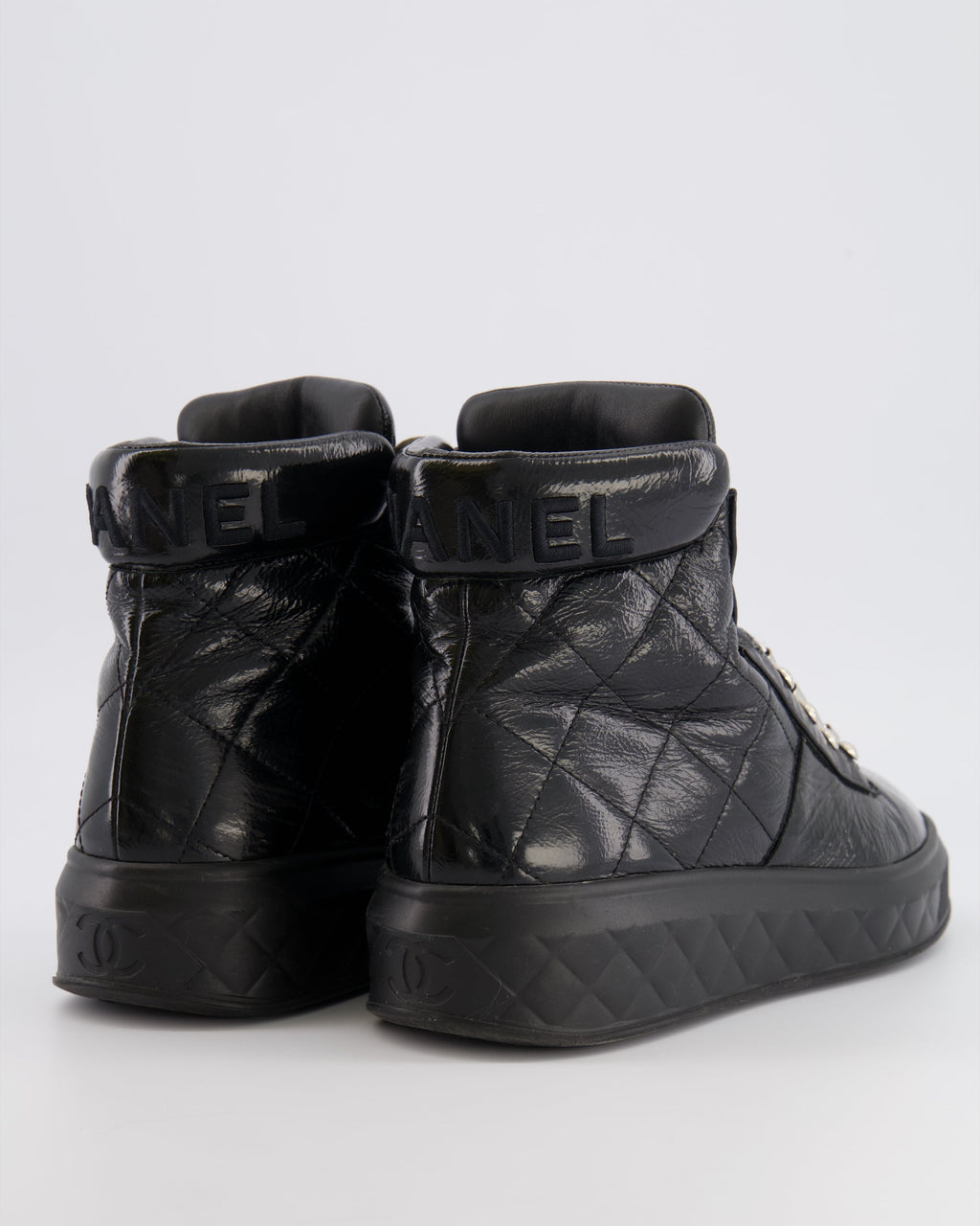 Chanel Black Quilted Calfskin Leather Boots with Embroidered Back Logo and Beige and Black Laces Size EU 39