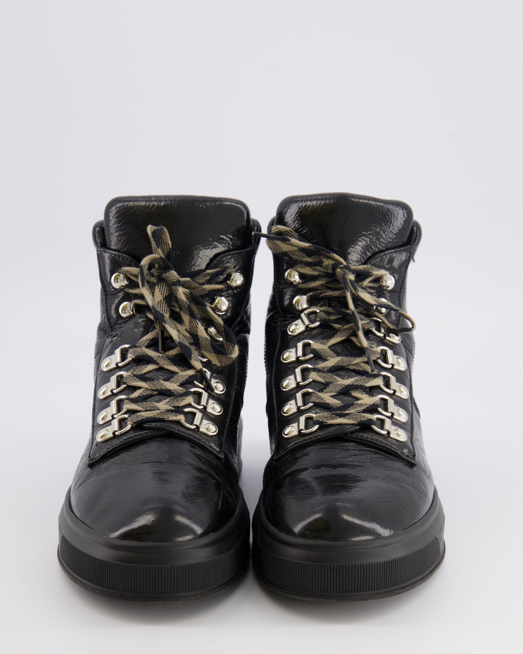 Chanel Black Quilted Calfskin Leather Boots with Embroidered Back Logo and Beige and Black Laces Size EU 39