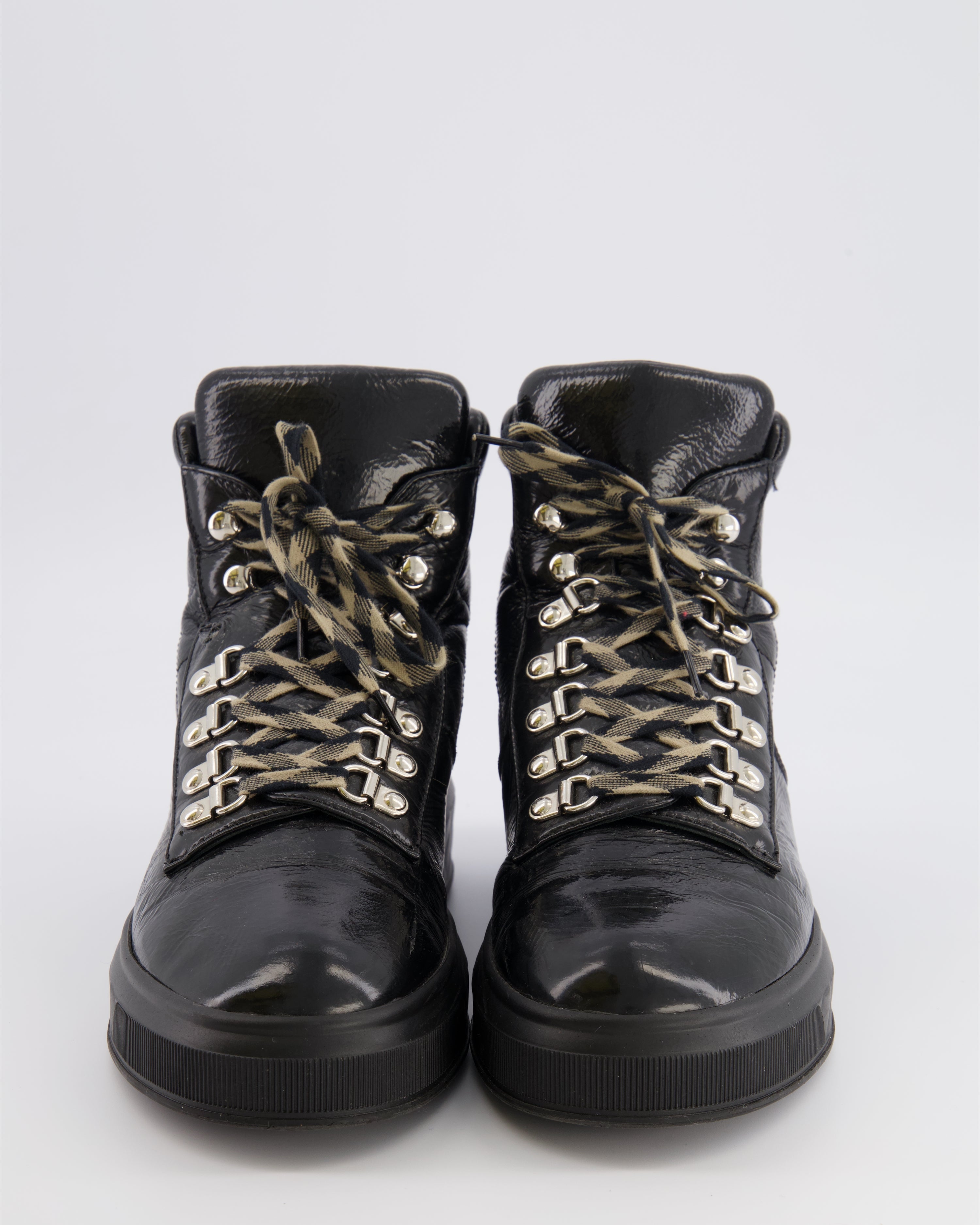 Chanel Black Quilted Calfskin Leather Boots with Embroidered Back Logo and Beige and Black Laces Size EU 39