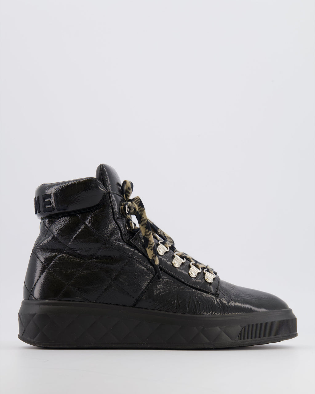 Chanel Black Quilted Calfskin Leather Boots with Embroidered Back Logo and Beige and Black Laces Size EU 39