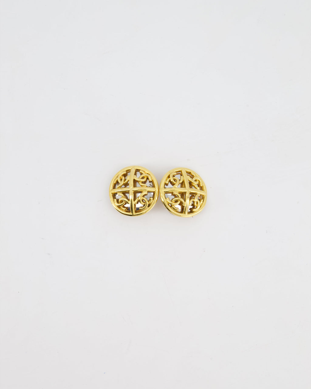 Chanel 93P 24K Gold Plated Round CC Earrings with Silver Back