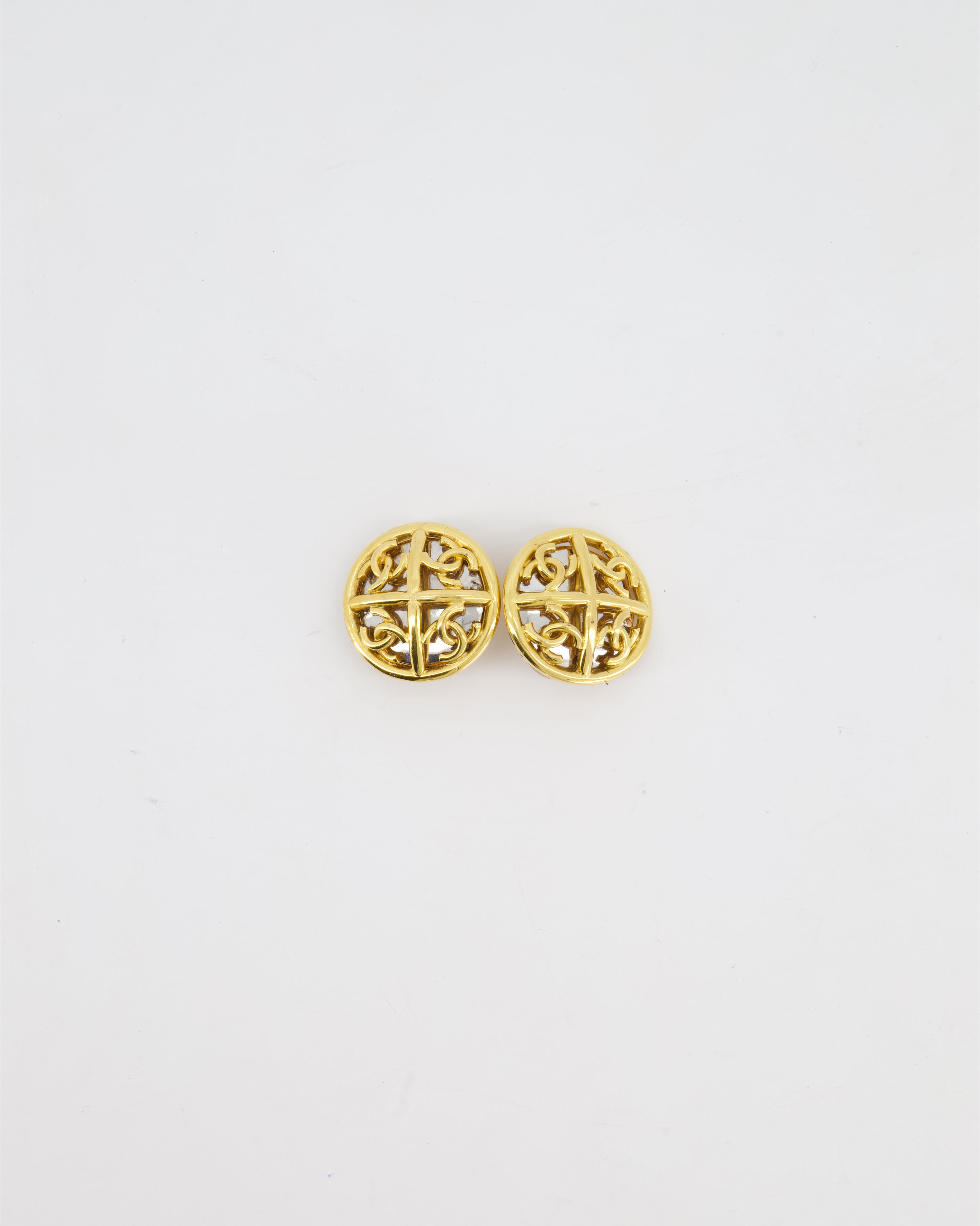 Chanel 93P 24K Gold Plated Round CC Earrings with Silver Back