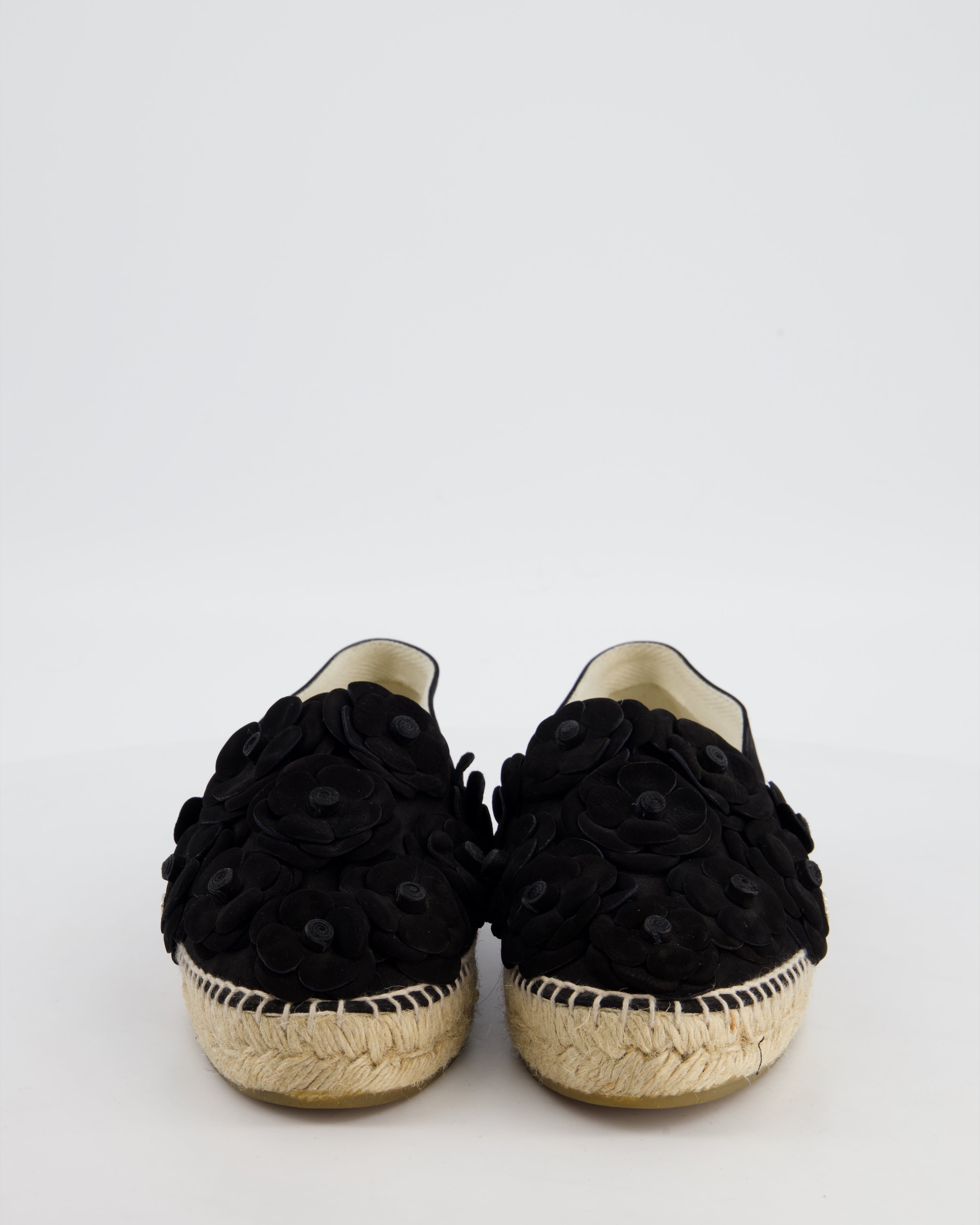 Chanel Black Suede Camellia Espadrilles with CC Logo Detail Size EU 38