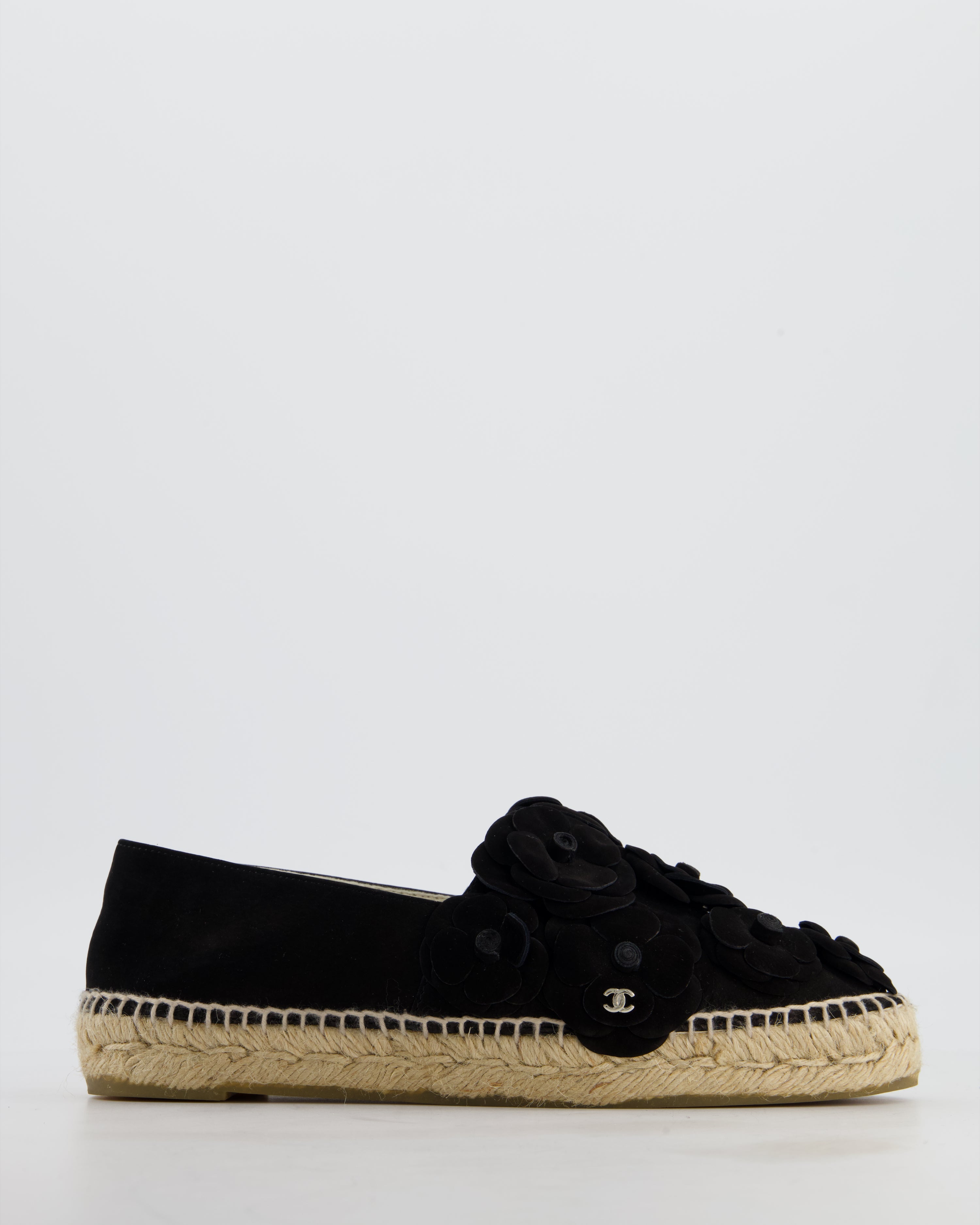 Chanel Black Suede Camellia Espadrilles with CC Logo Detail Size EU 38