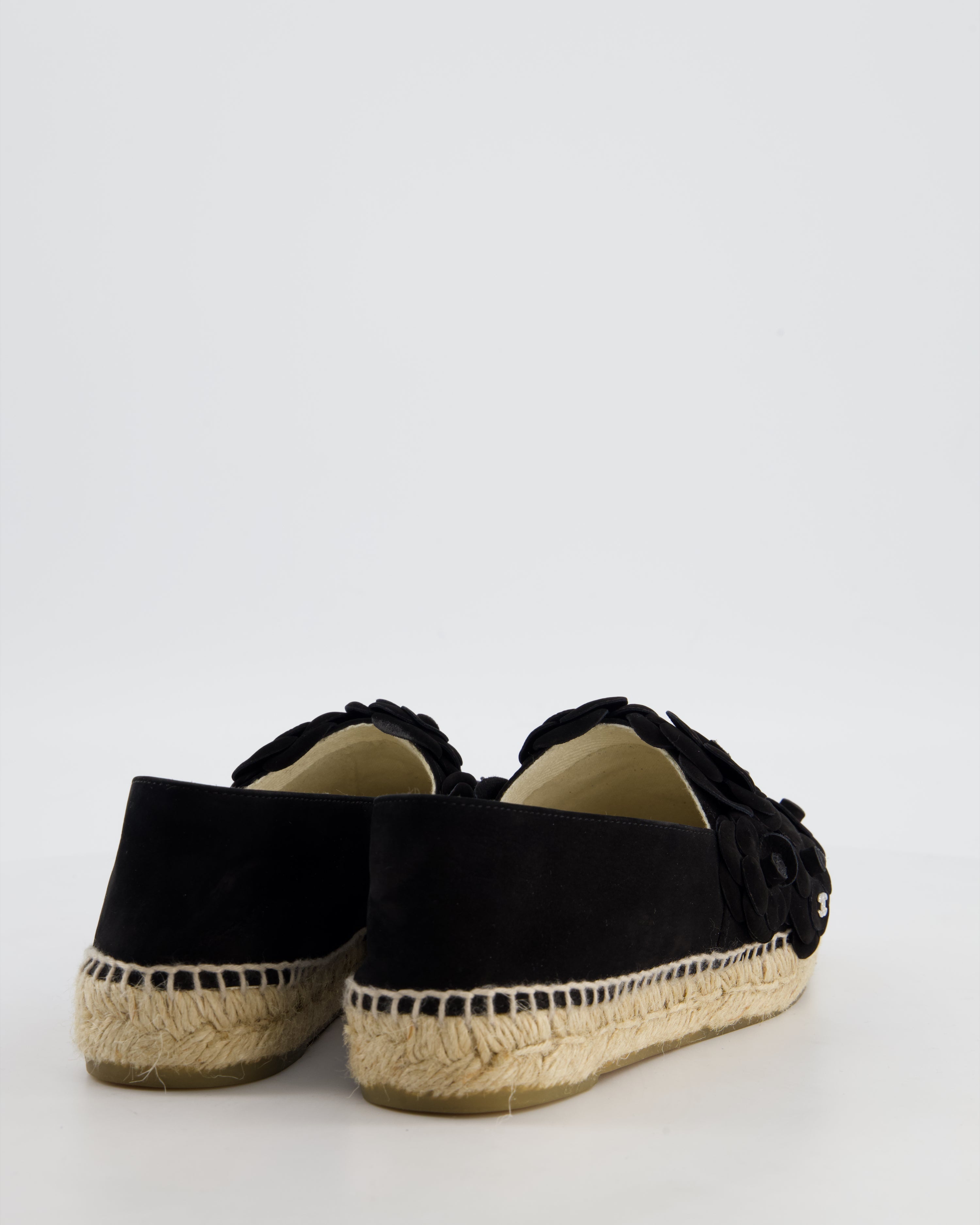 Chanel Black Suede Camellia Espadrilles with CC Logo Detail Size EU 38