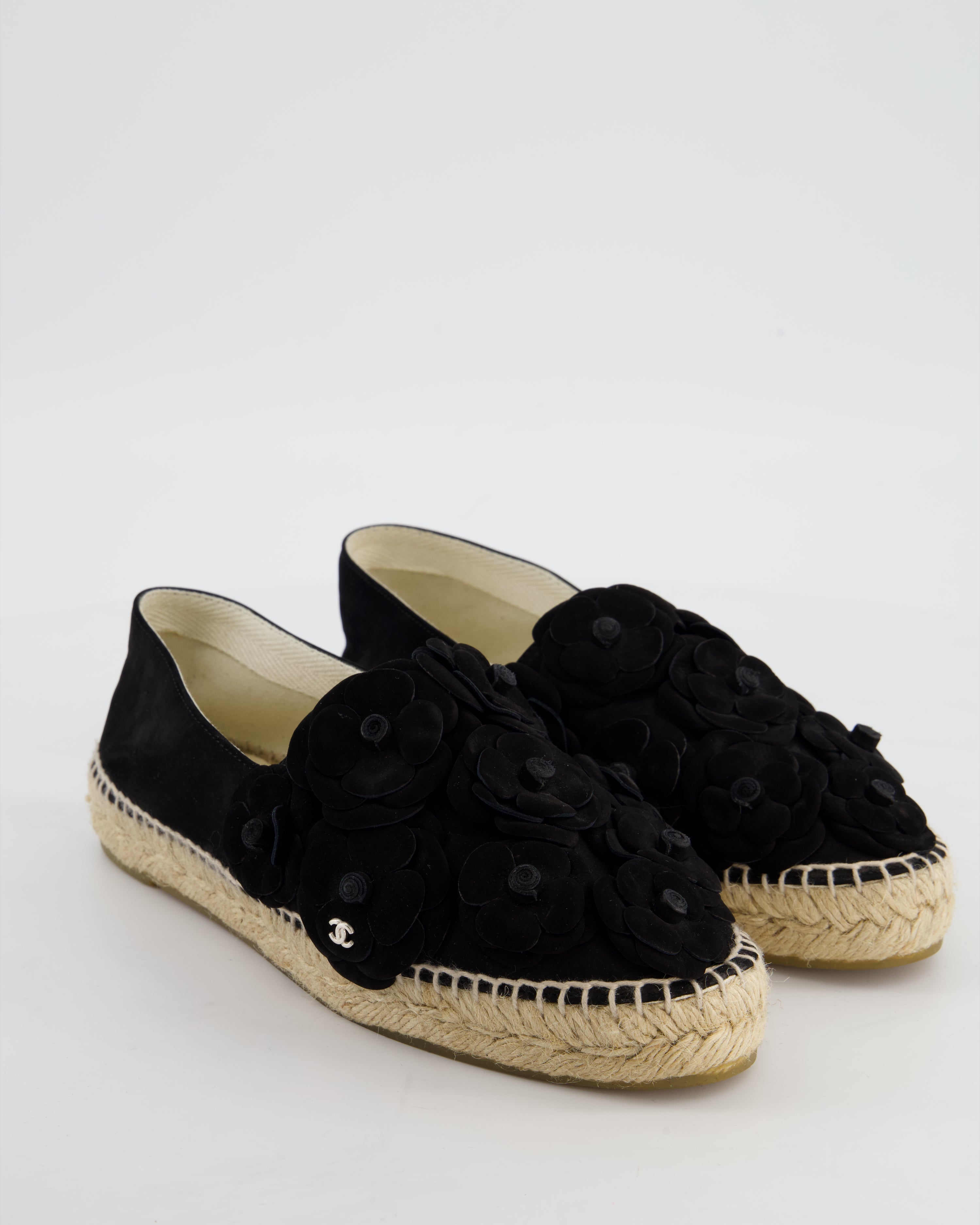 Chanel Black Suede Camellia Espadrilles with CC Logo Detail Size EU 38