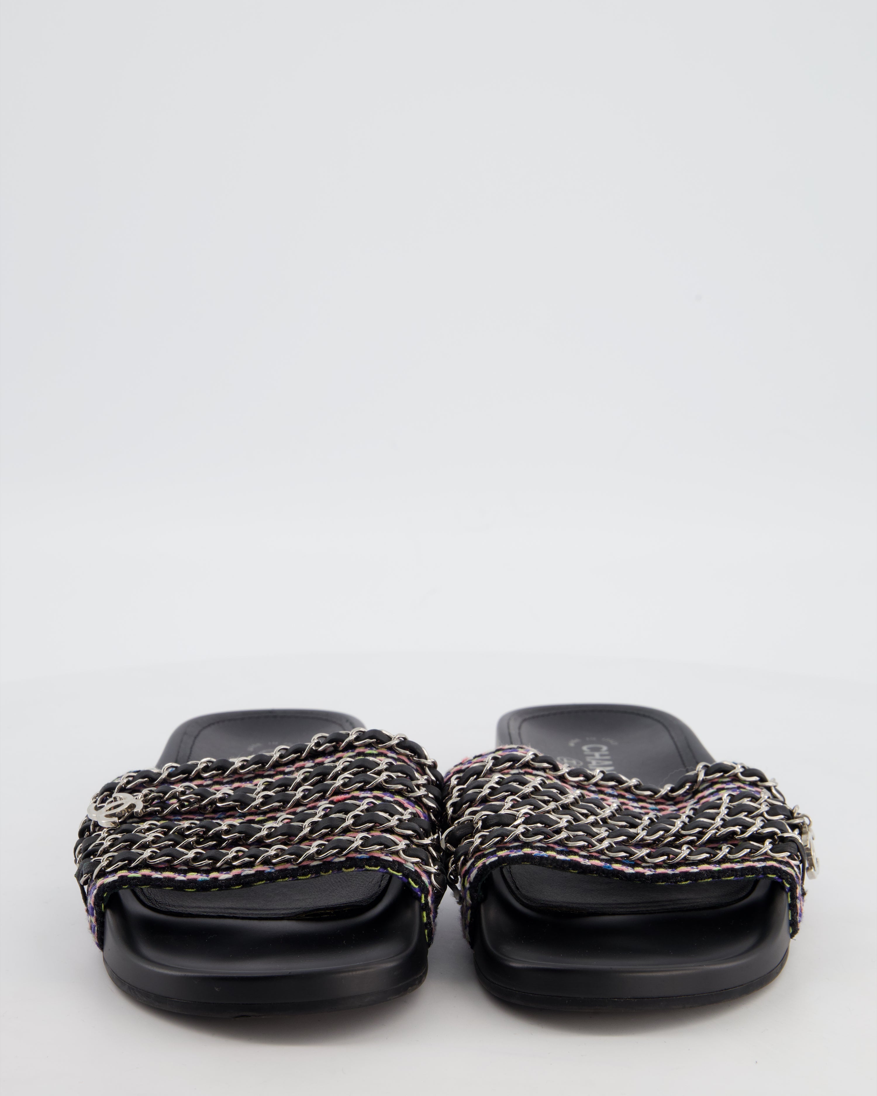 Chanel Black Tweed Chain CC Sandals Size EU 41
