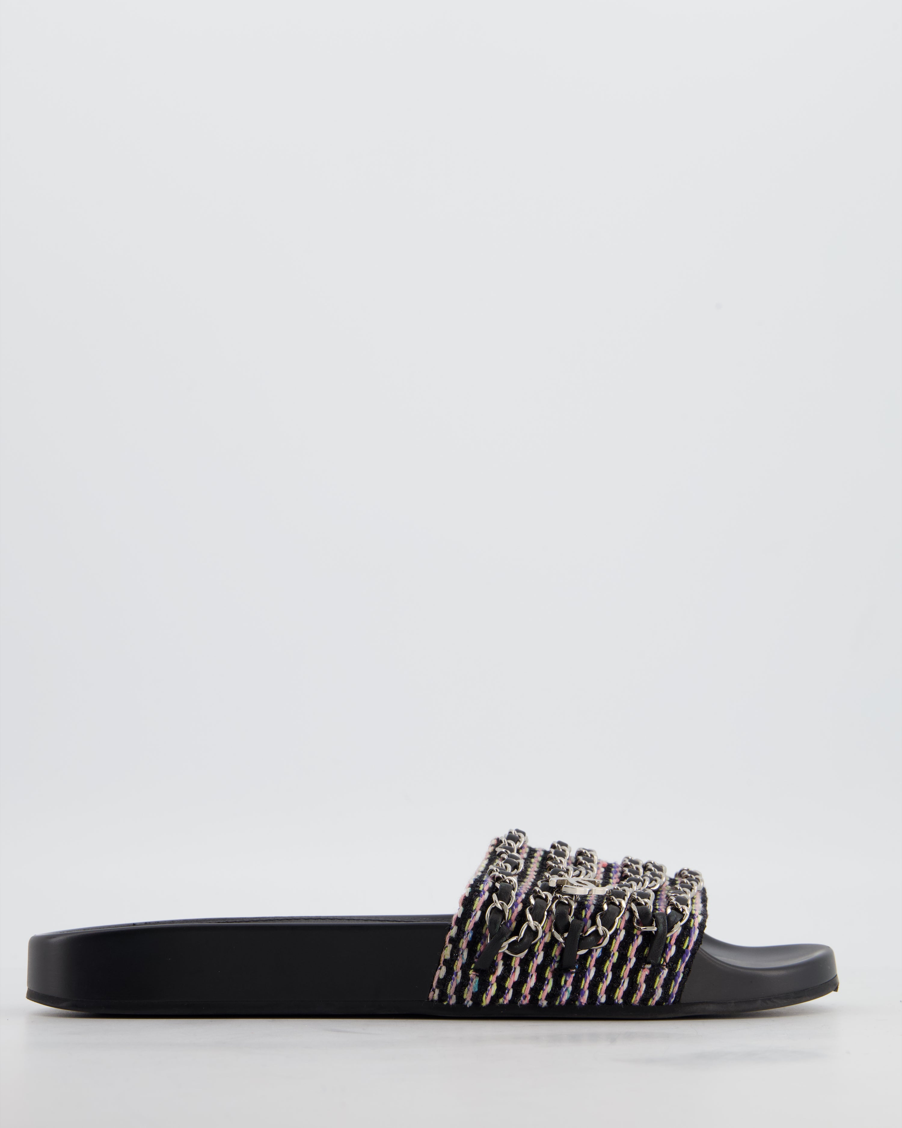 Chanel Black Tweed Chain CC Sandals Size EU 41