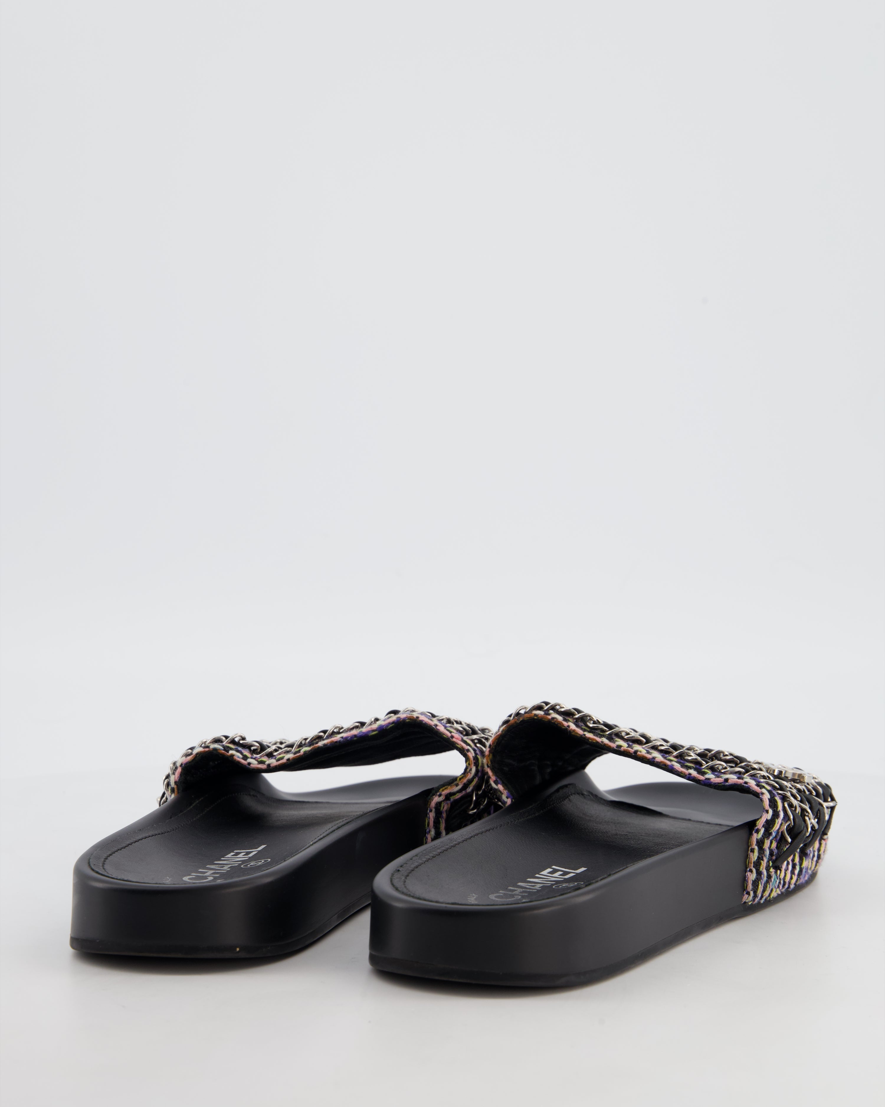 Chanel Black Tweed Chain CC Sandals Size EU 41