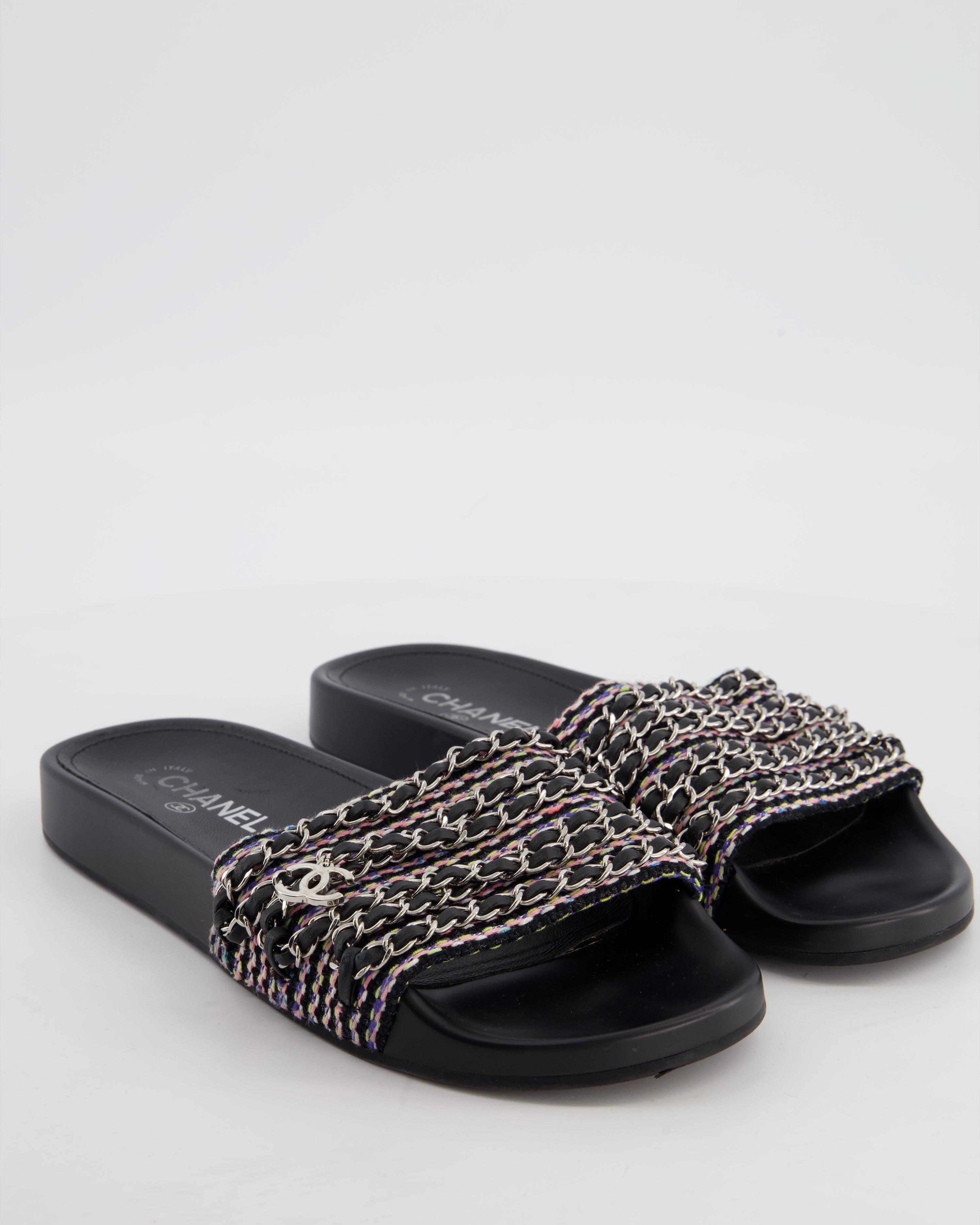 Chanel Black Tweed Chain CC Sandals Size EU 41