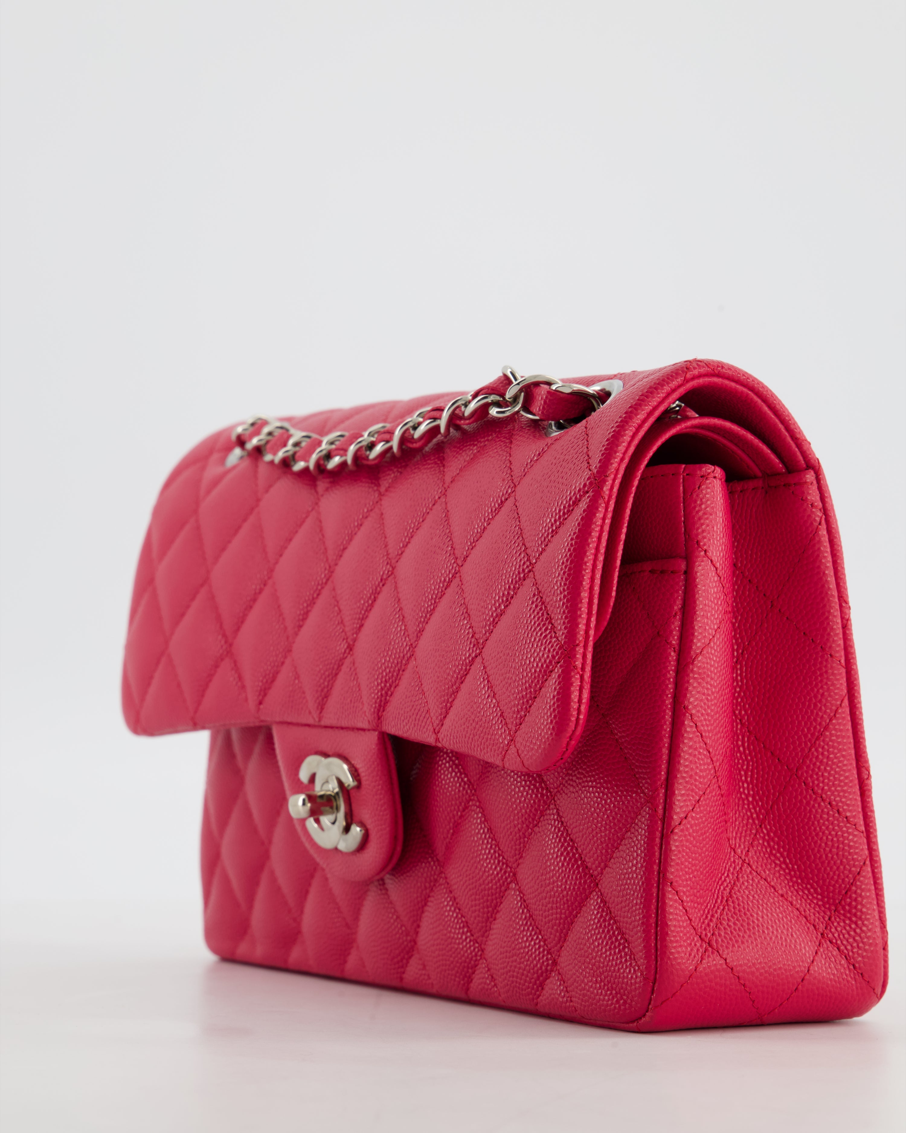 Chanel Fuchsia Pink Small Classic Double Flap Bag Caviar Leather with Silver Hardware