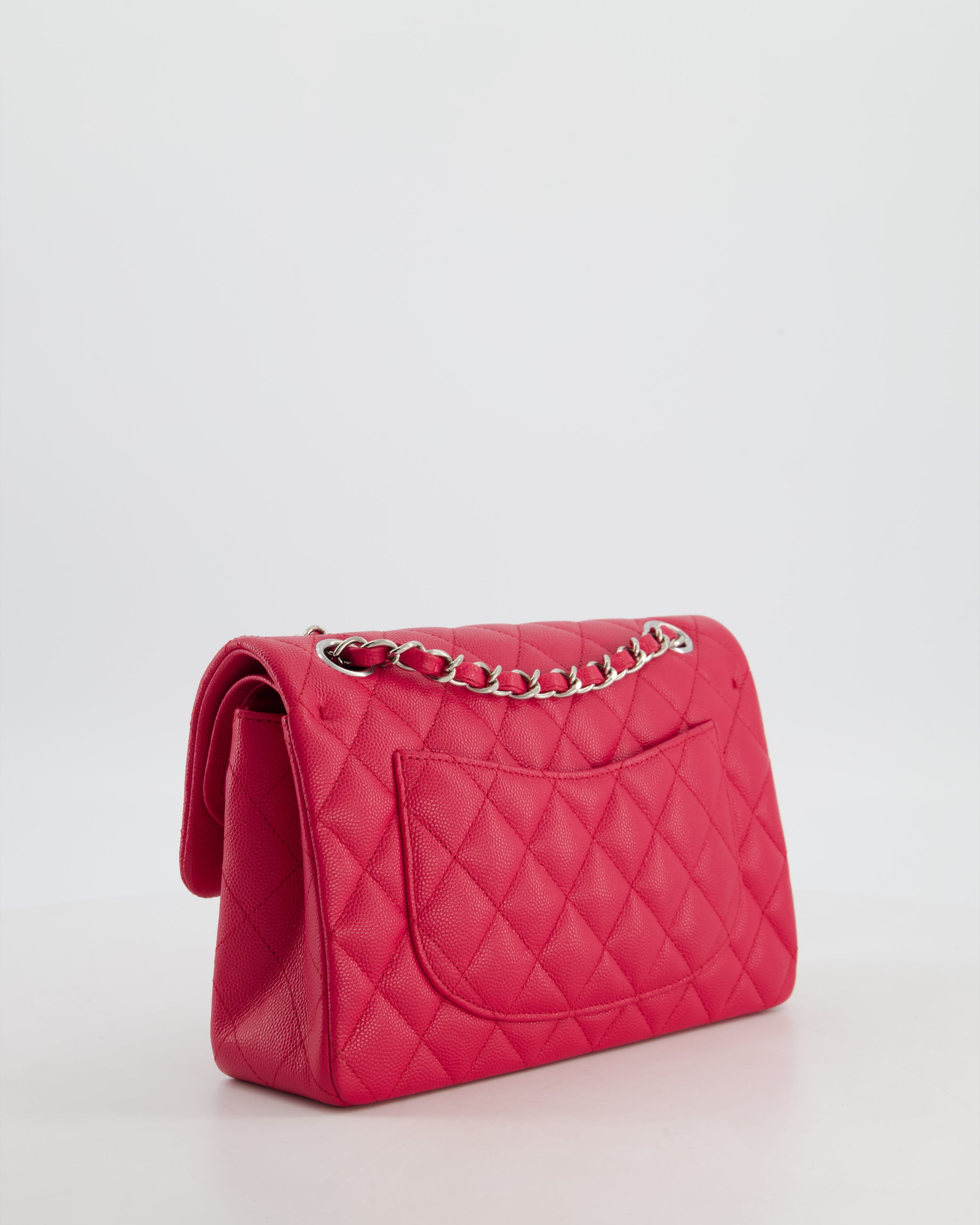 Chanel Fuchsia Pink Small Classic Double Flap Bag Caviar Leather with Silver Hardware