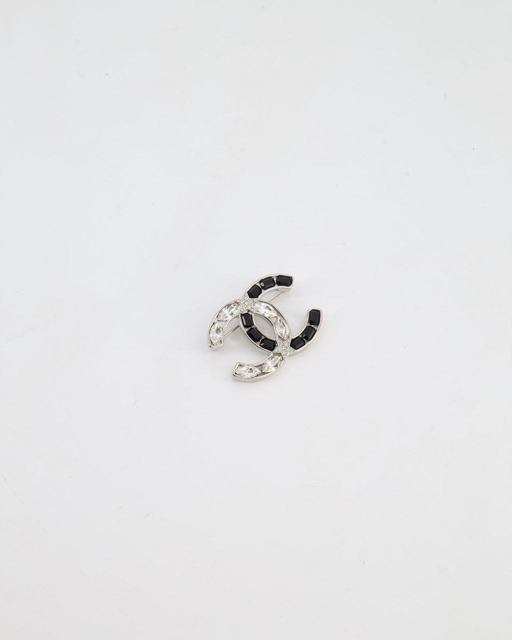 Chanel Silver, Black and Crystal CC Logo with Star Detail Brooch