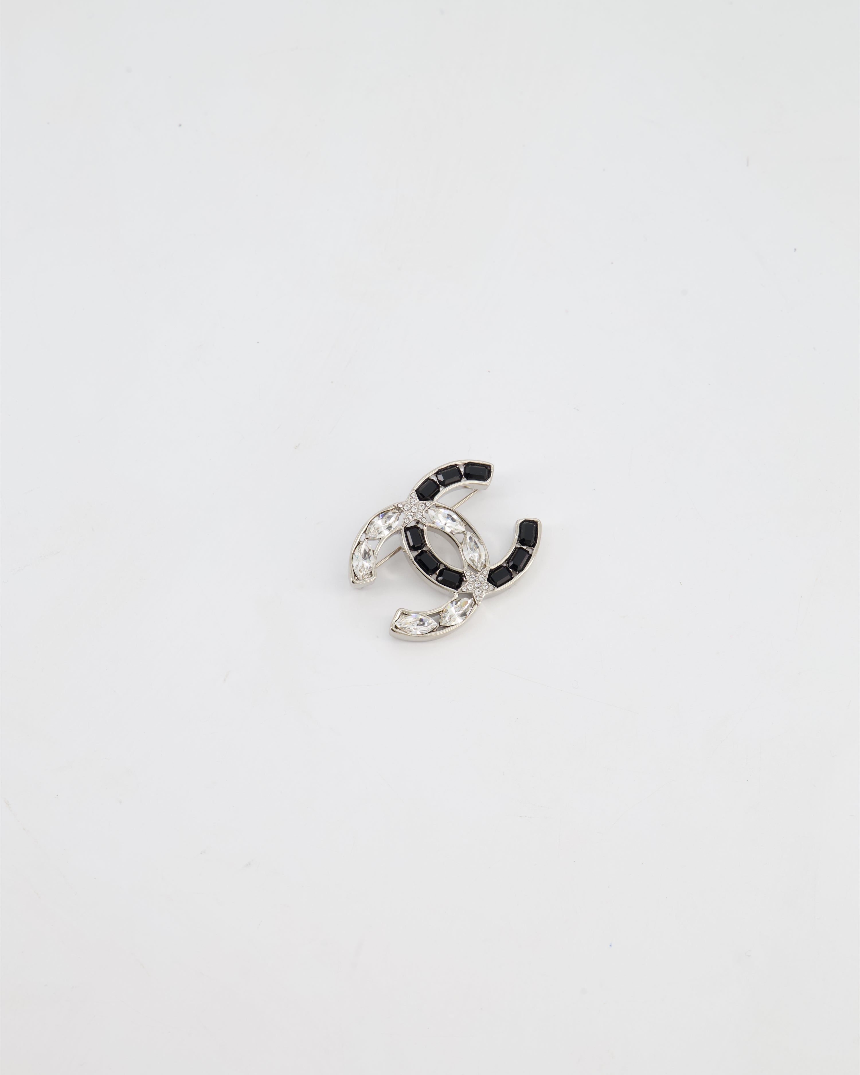 Chanel Silver, Black and Crystal CC Logo with Star Detail Brooch