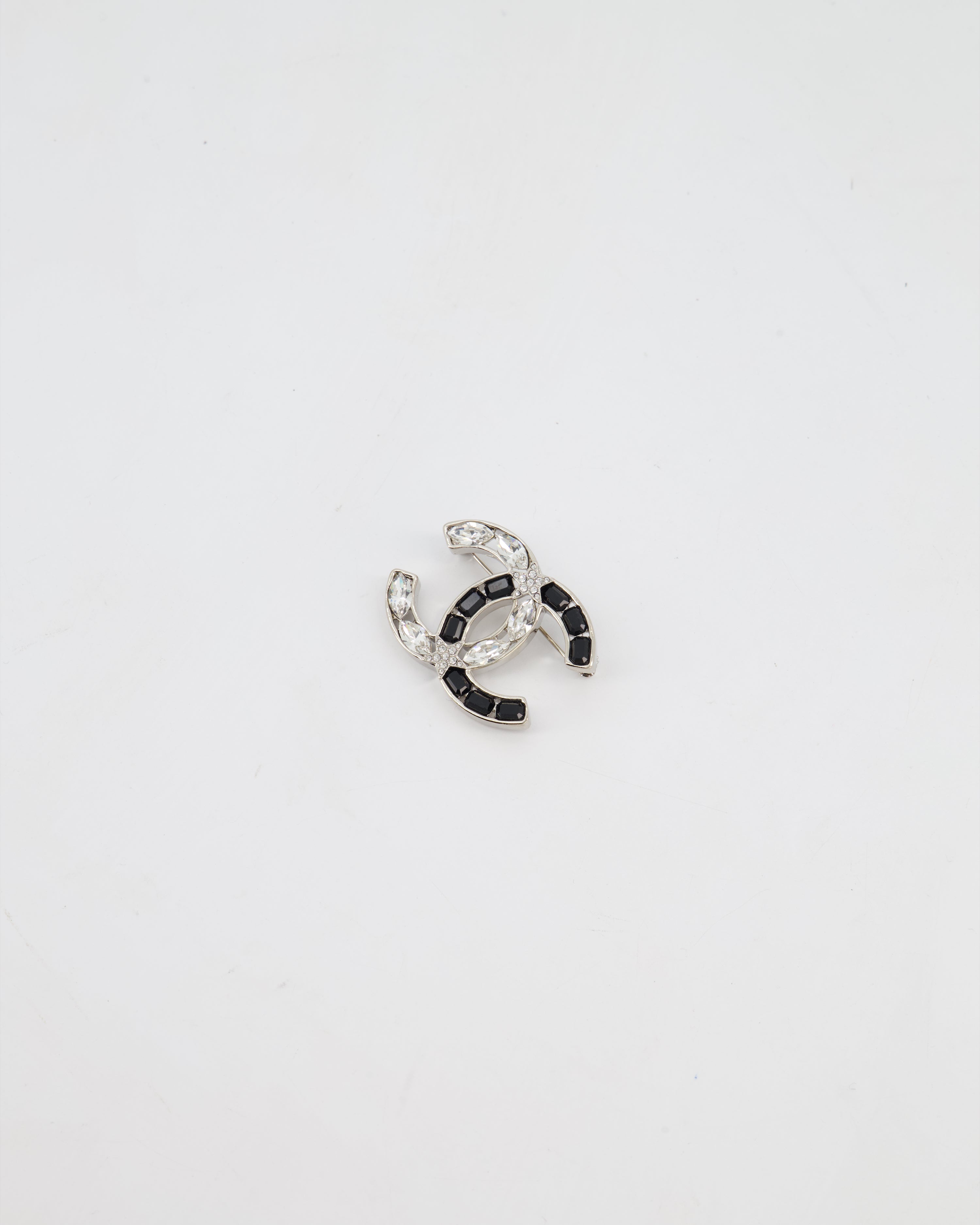 Chanel Silver, Black and Crystal CC Logo with Star Detail Brooch