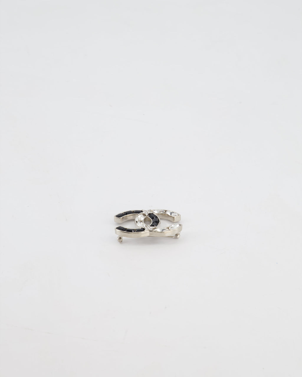 Chanel Silver, Black and Crystal CC Logo with Star Detail Brooch