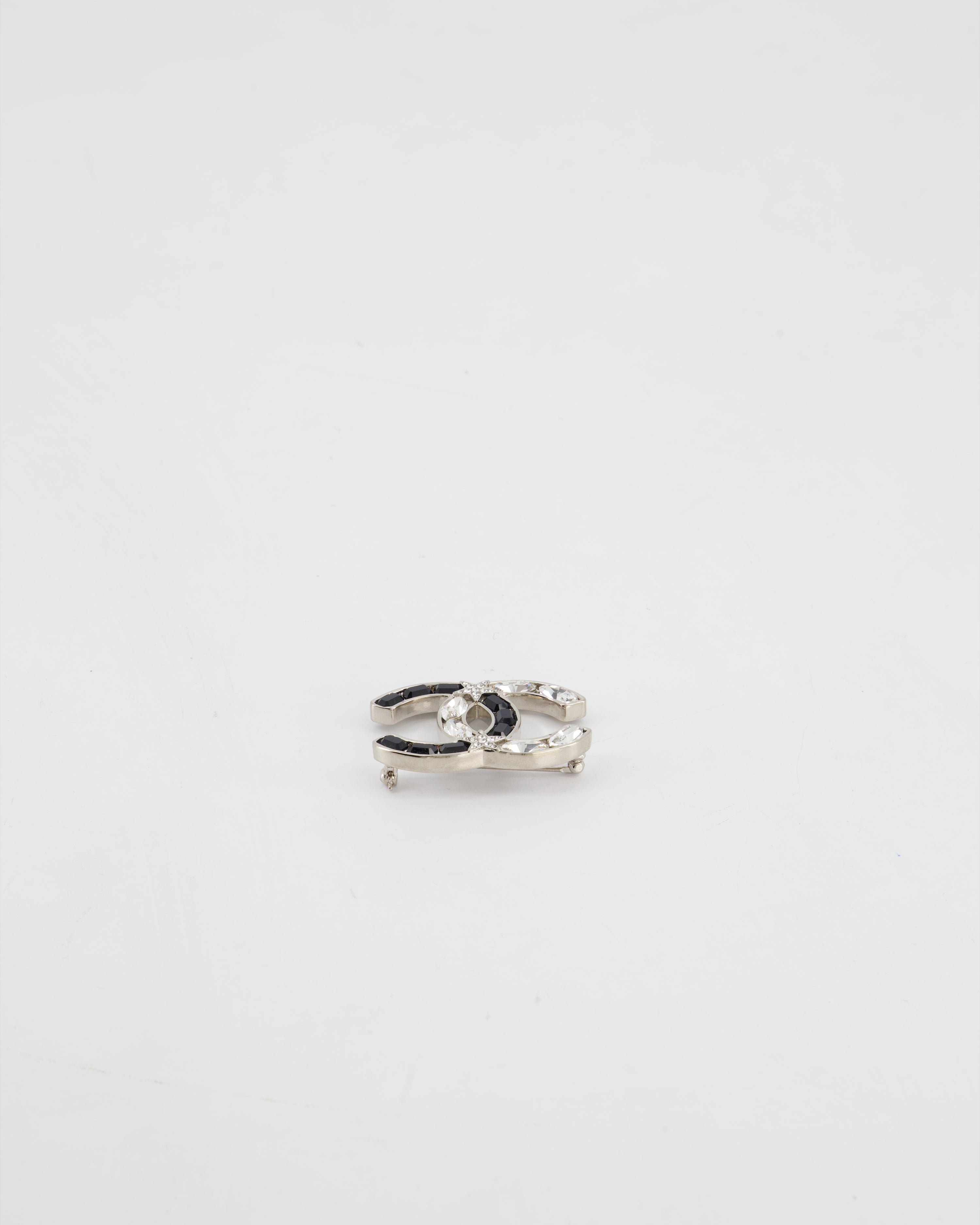 Chanel Silver, Black and Crystal CC Logo with Star Detail Brooch