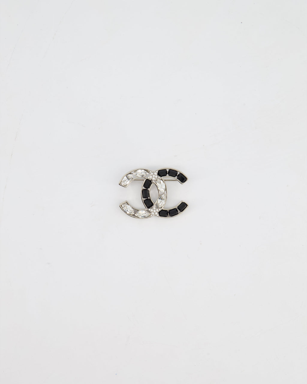 Chanel Silver, Black and Crystal CC Logo with Star Detail Brooch