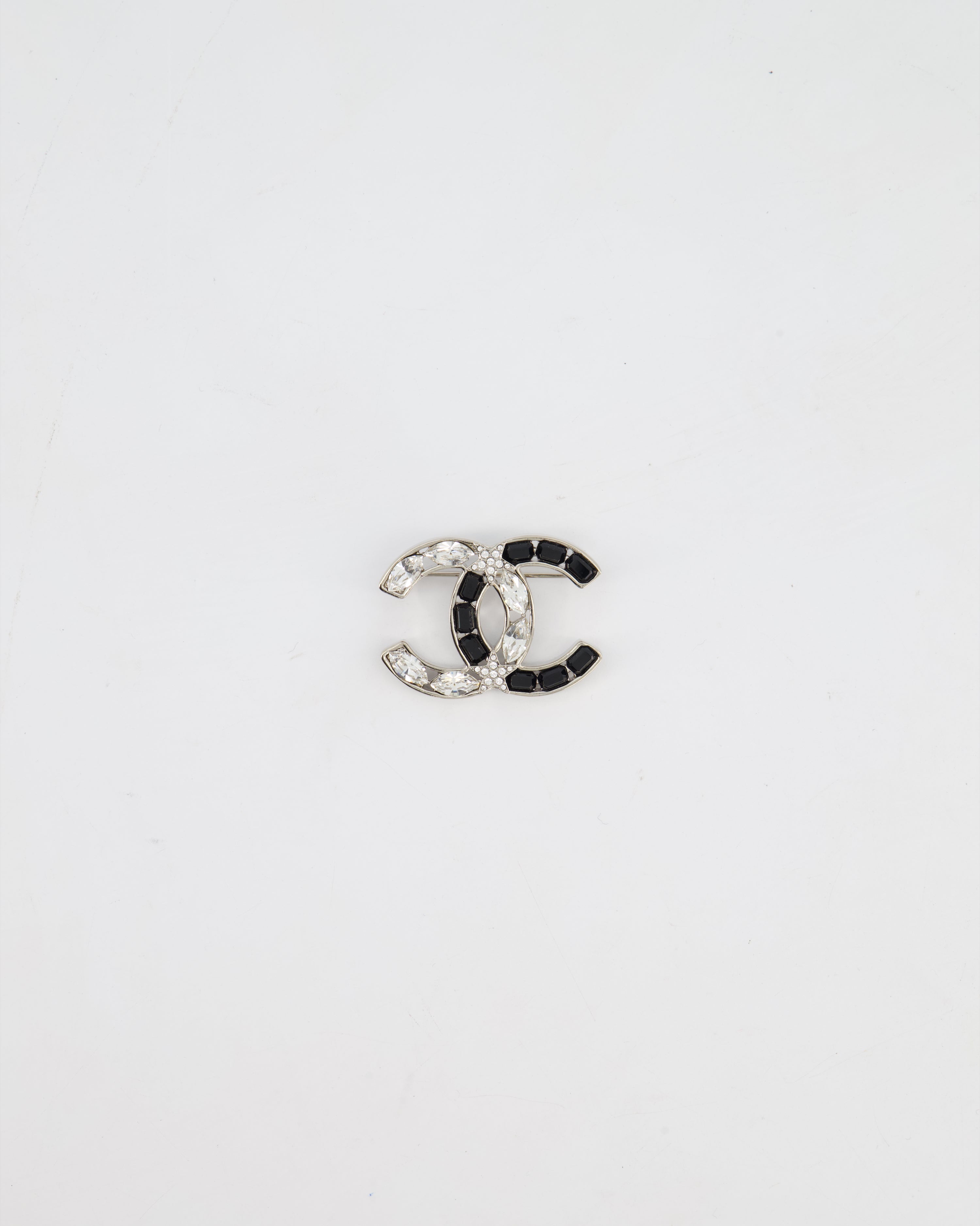 Chanel Silver, Black and Crystal CC Logo with Star Detail Brooch