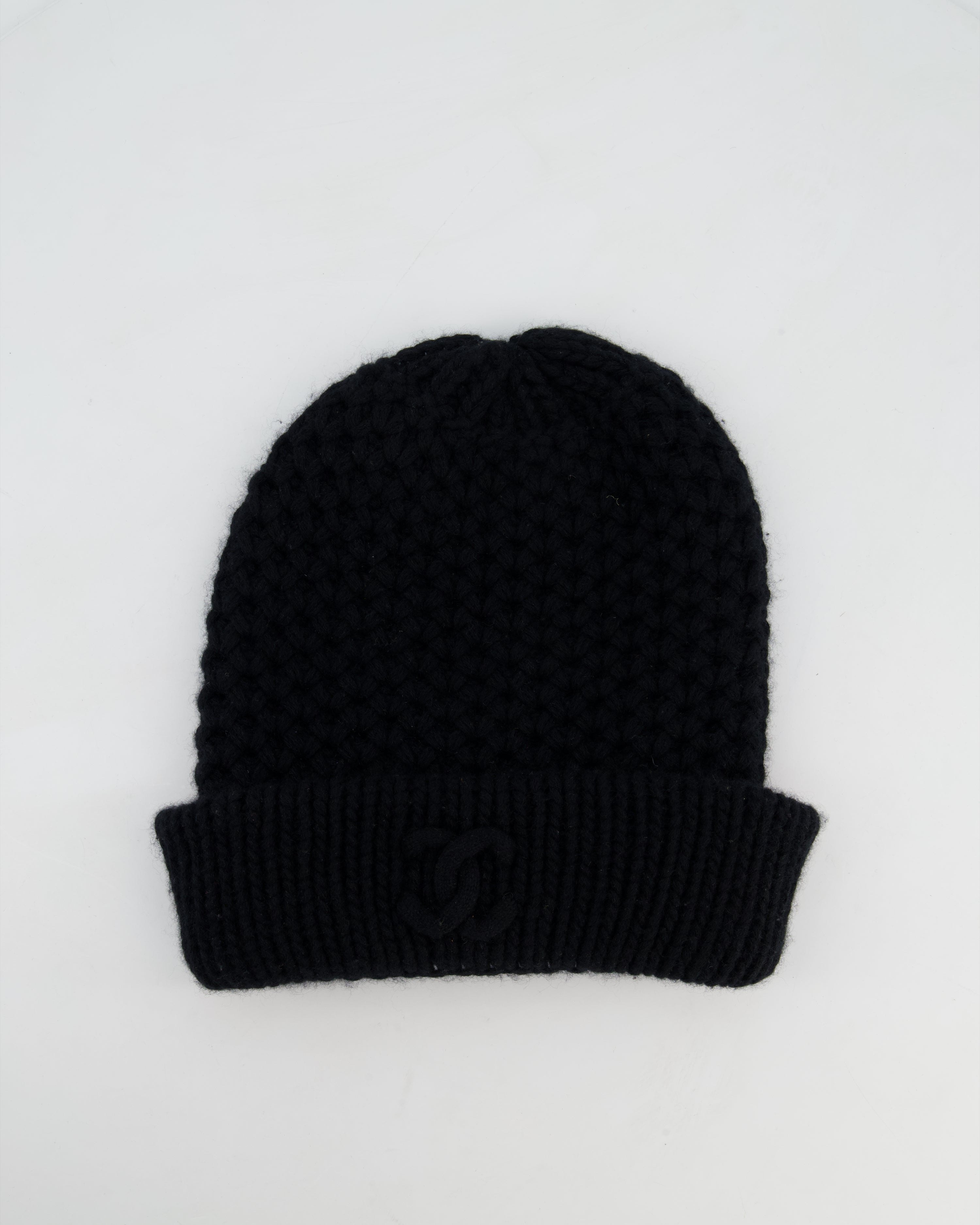 Chanel Black Cashmere Beanie Hat with CC Logo OS