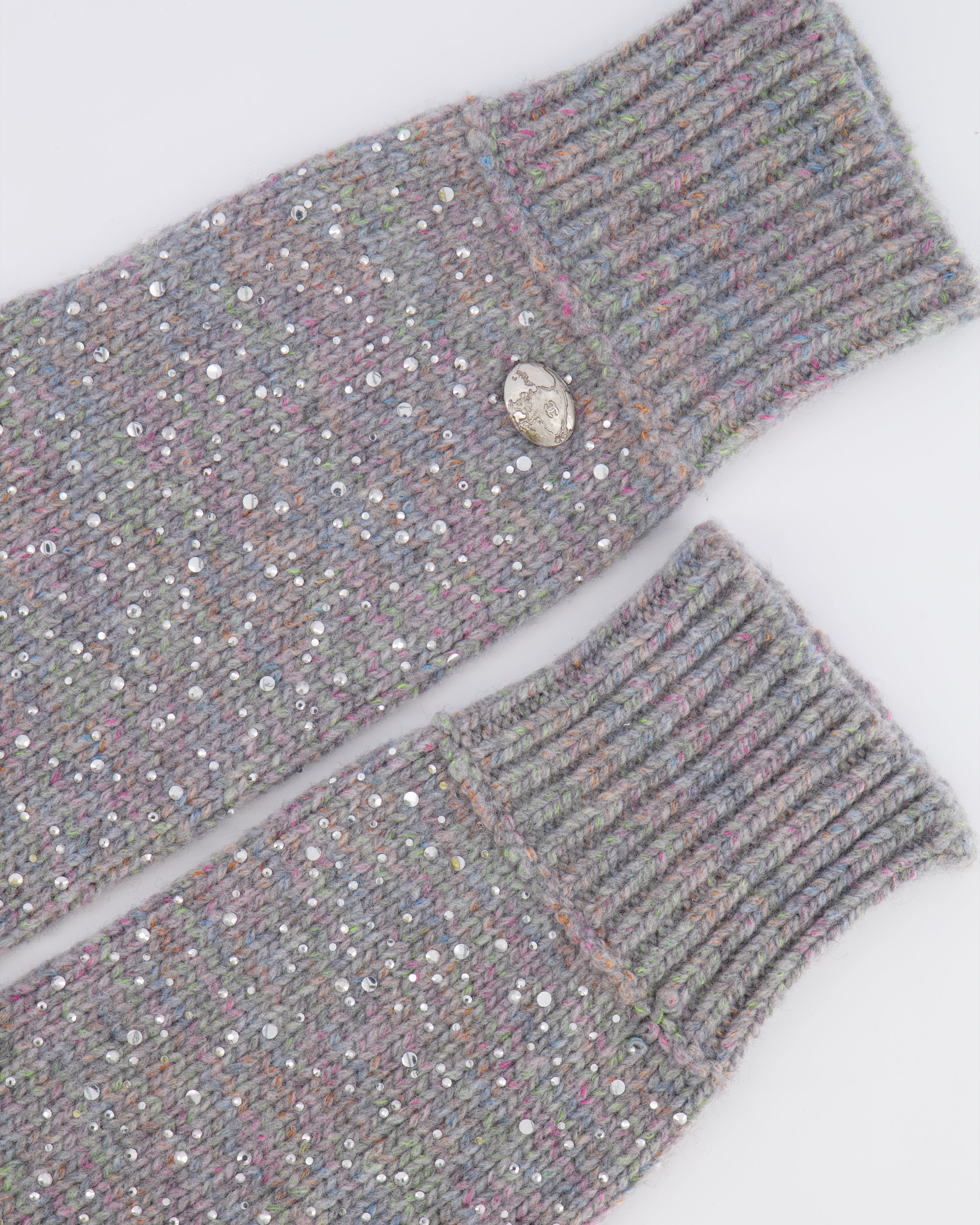 Chanel Grey and Multi-Colour Wool Knitted Long Mitten Gloves with Silver Sequin Embellishments Size M