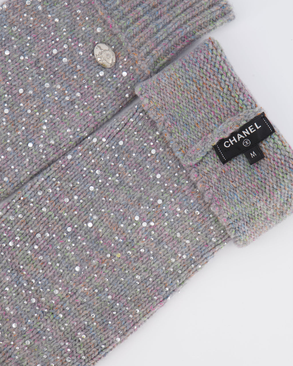 Chanel Grey and Multi-Colour Wool Knitted Long Mitten Gloves with Silver Sequin Embellishments Size M