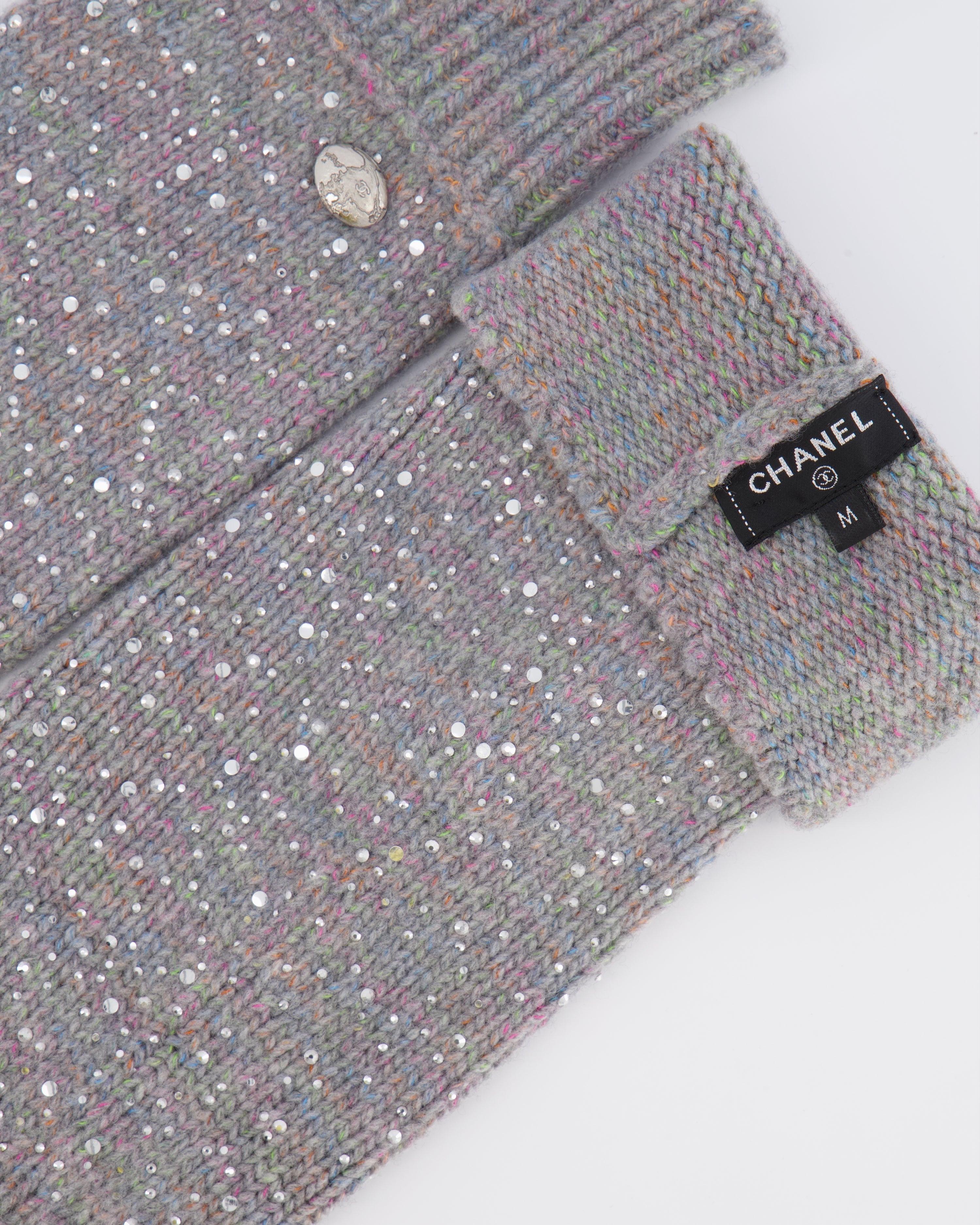 Chanel Grey and Multi-Colour Wool Knitted Long Mitten Gloves with Silver Sequin Embellishments Size M