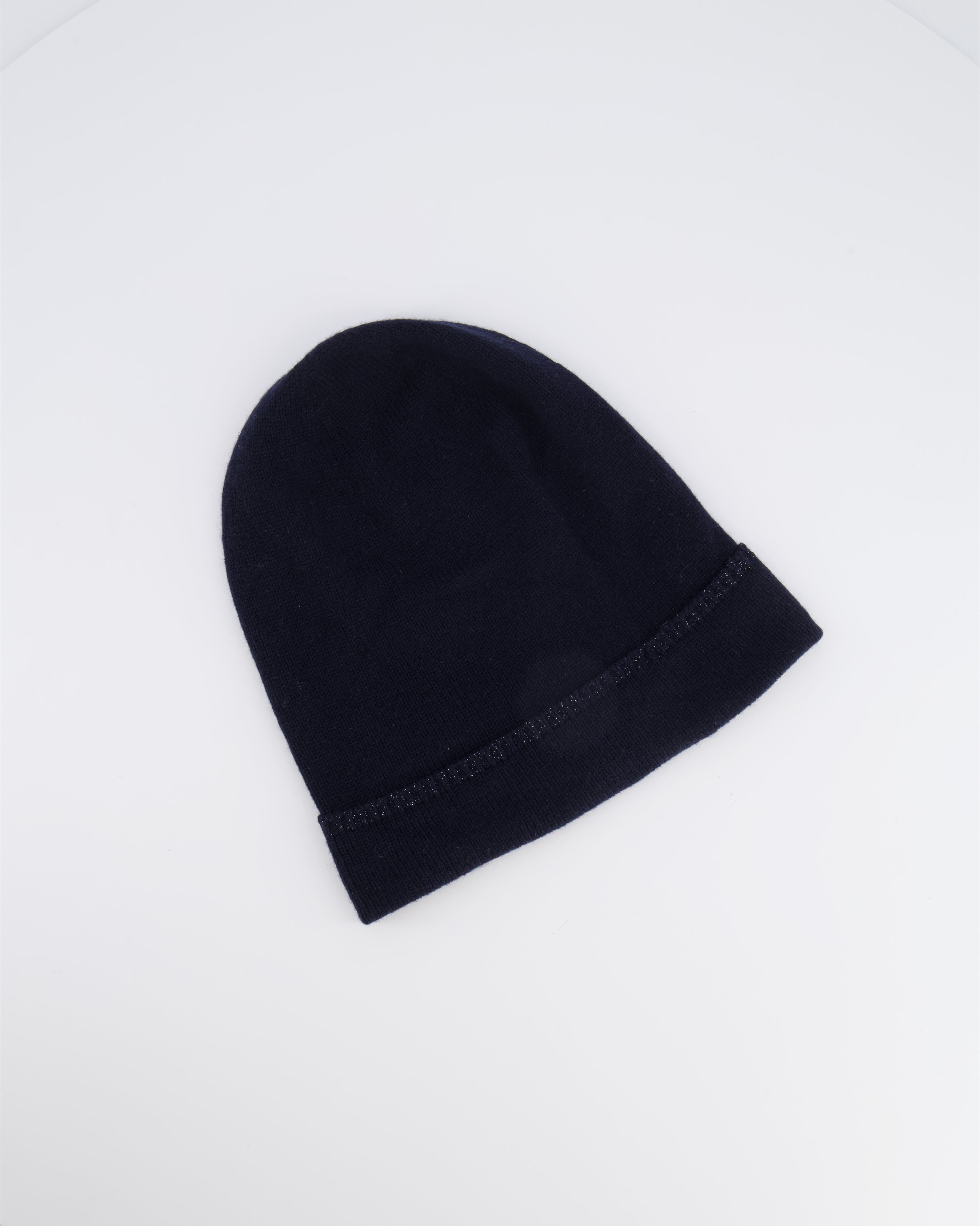 Chanel Navy Cashmere Beanie Hat with CC Logo One Size