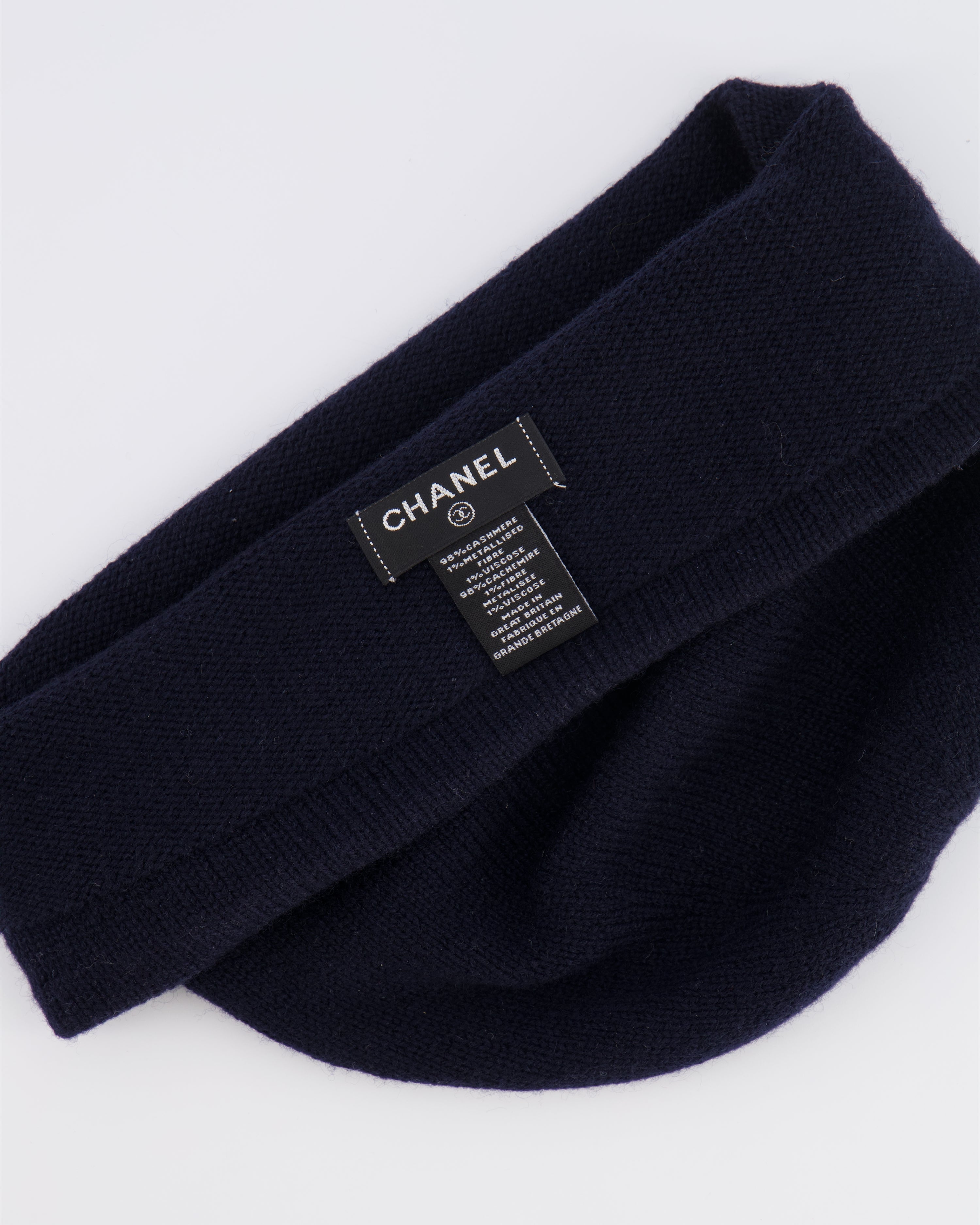 Chanel Navy Cashmere Beanie Hat with CC Logo One Size