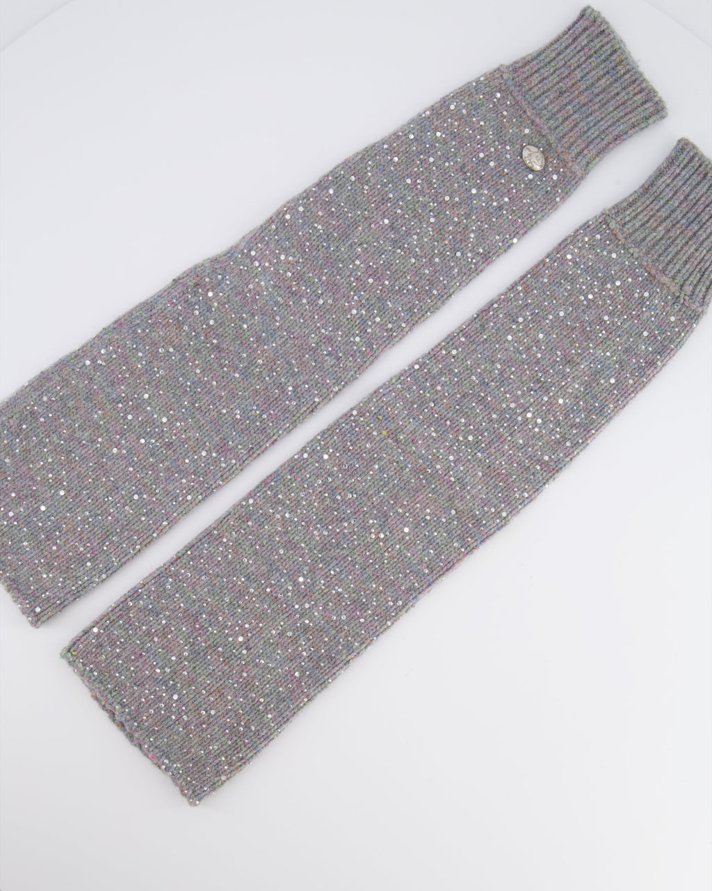 Chanel Grey and Multi-Colour Wool Knitted Long Mitten Gloves with Silver Sequin Embellishments Size M