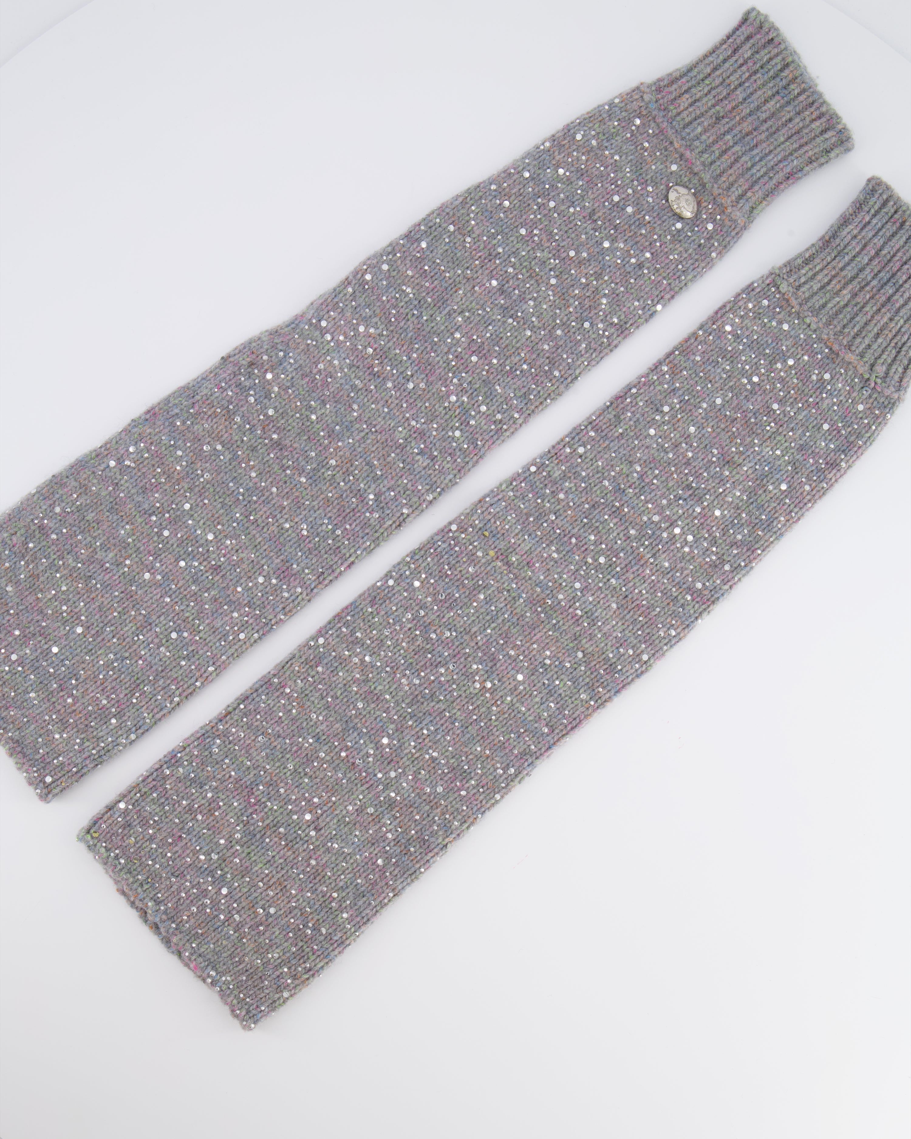 Chanel Grey and Multi-Colour Wool Knitted Long Mitten Gloves with Silver Sequin Embellishments Size M