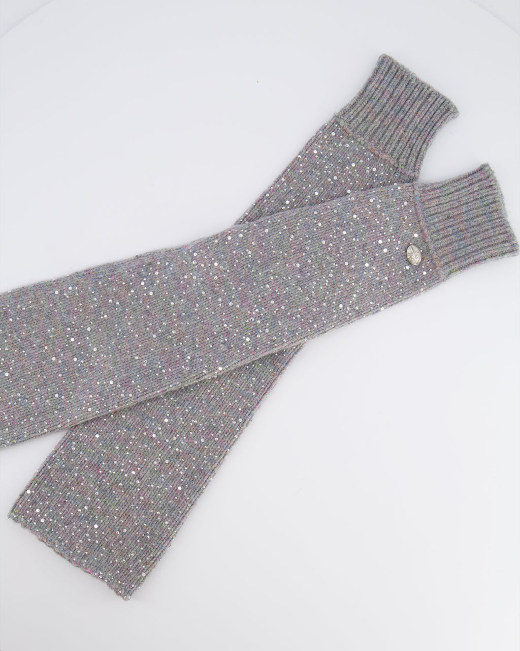 Chanel Grey and Multi-Colour Wool Knitted Long Mitten Gloves with Silver Sequin Embellishments Size M