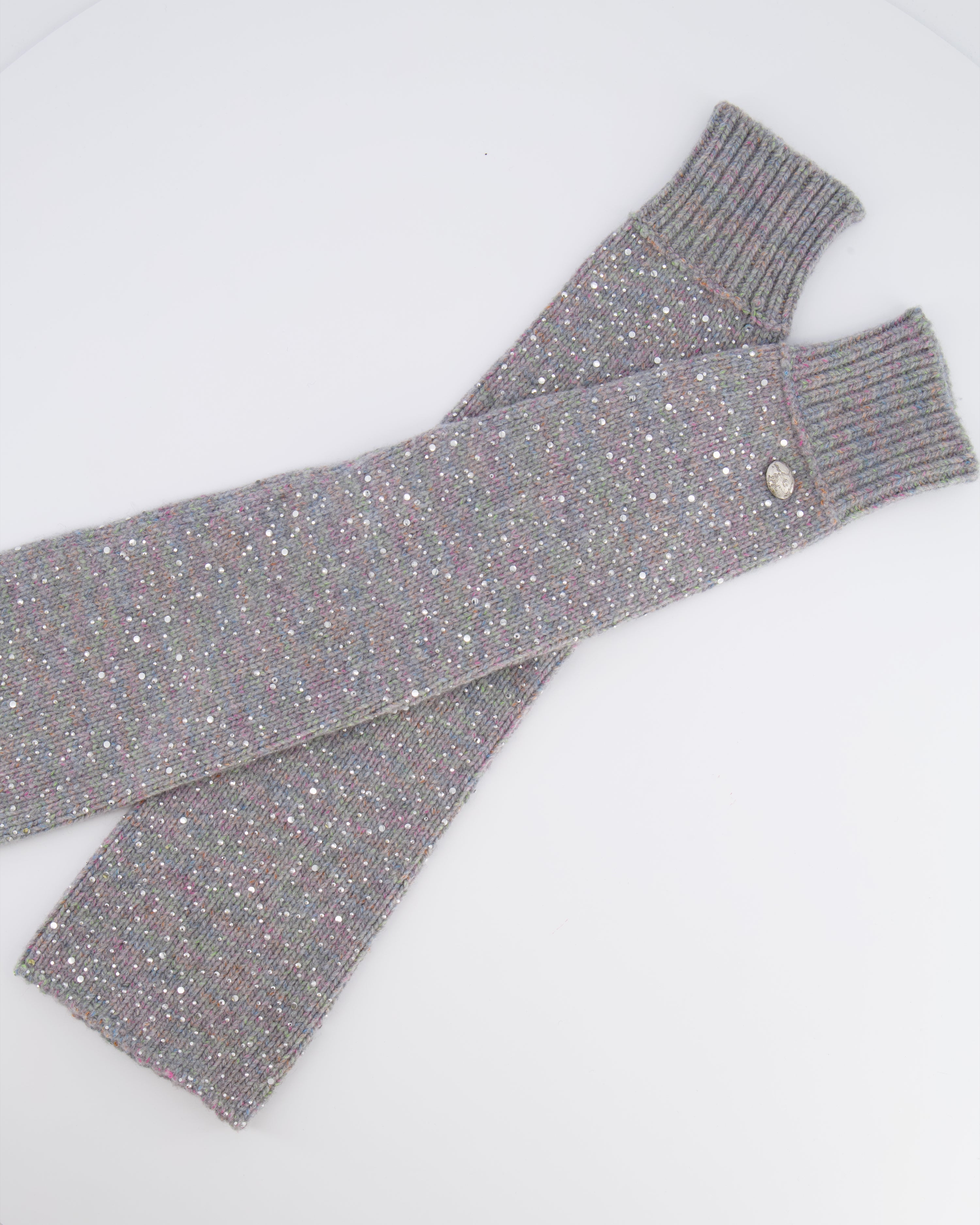 Chanel Grey and Multi-Colour Wool Knitted Long Mitten Gloves with Silver Sequin Embellishments Size M