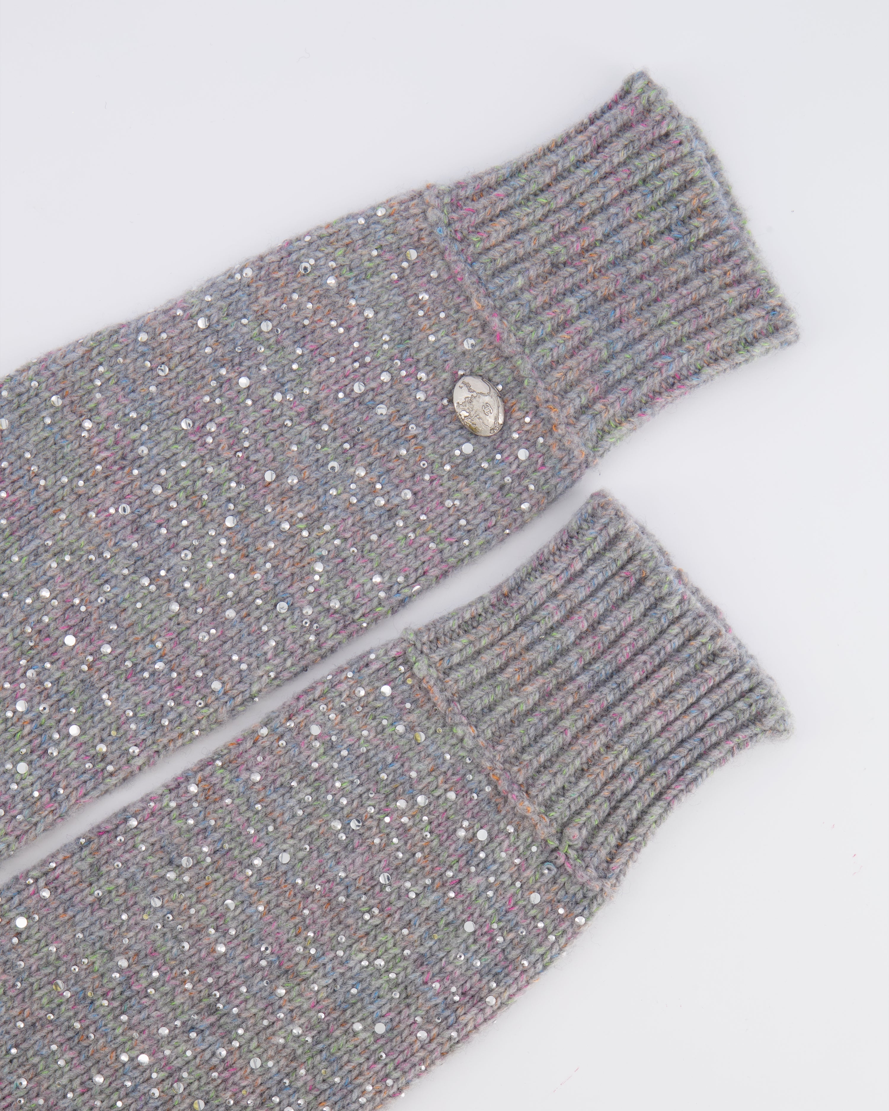 Chanel Grey and Multi-Colour Wool Knitted Long Mitten Gloves with Silver Sequin Embellishments Size M