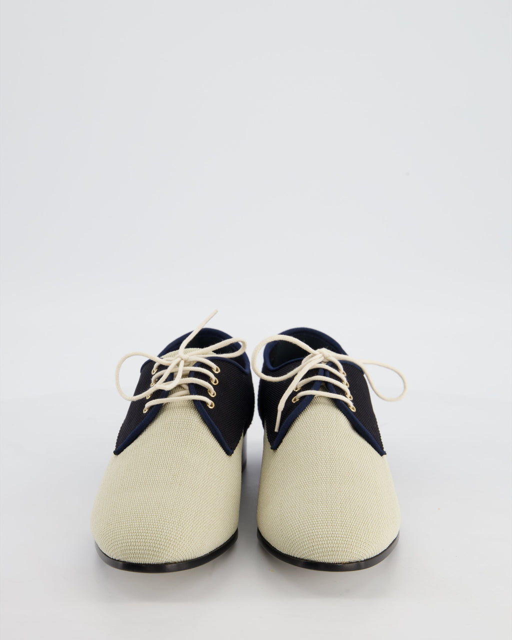 Chanel Cream, Navy & Black Canvas Oxfords Shoes with Interlocking CC Logo Detail Size EU 38