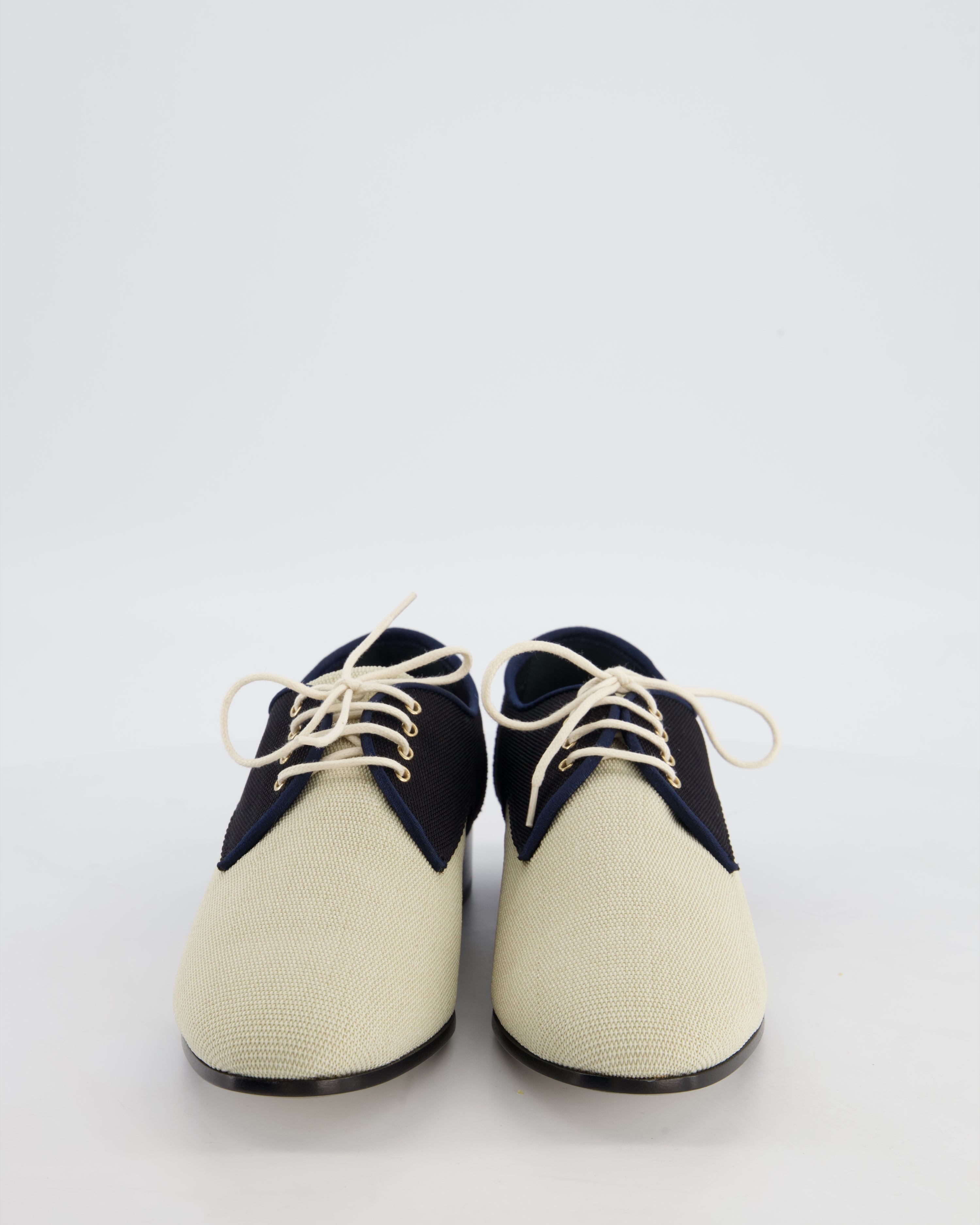 Chanel Cream, Navy & Black Canvas Oxfords Shoes with Interlocking CC Logo Detail Size EU 38