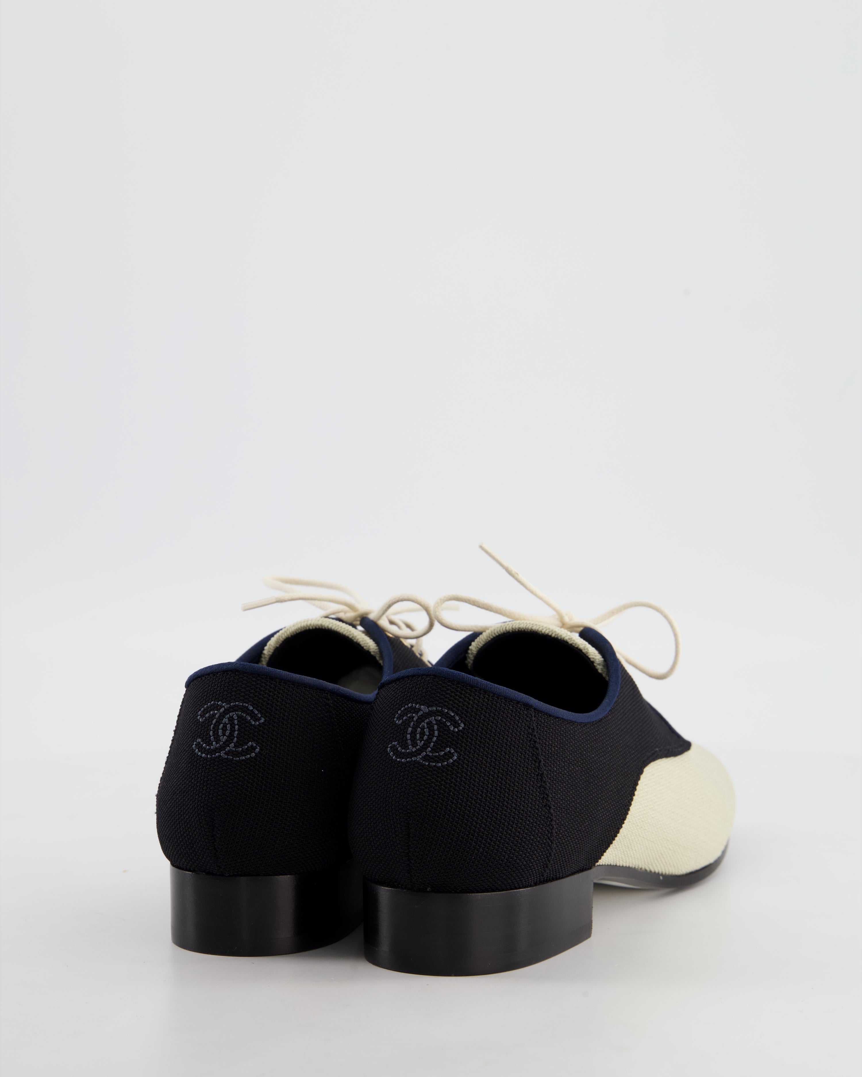 Chanel Cream, Navy & Black Canvas Oxfords Shoes with Interlocking CC Logo Detail Size EU 38