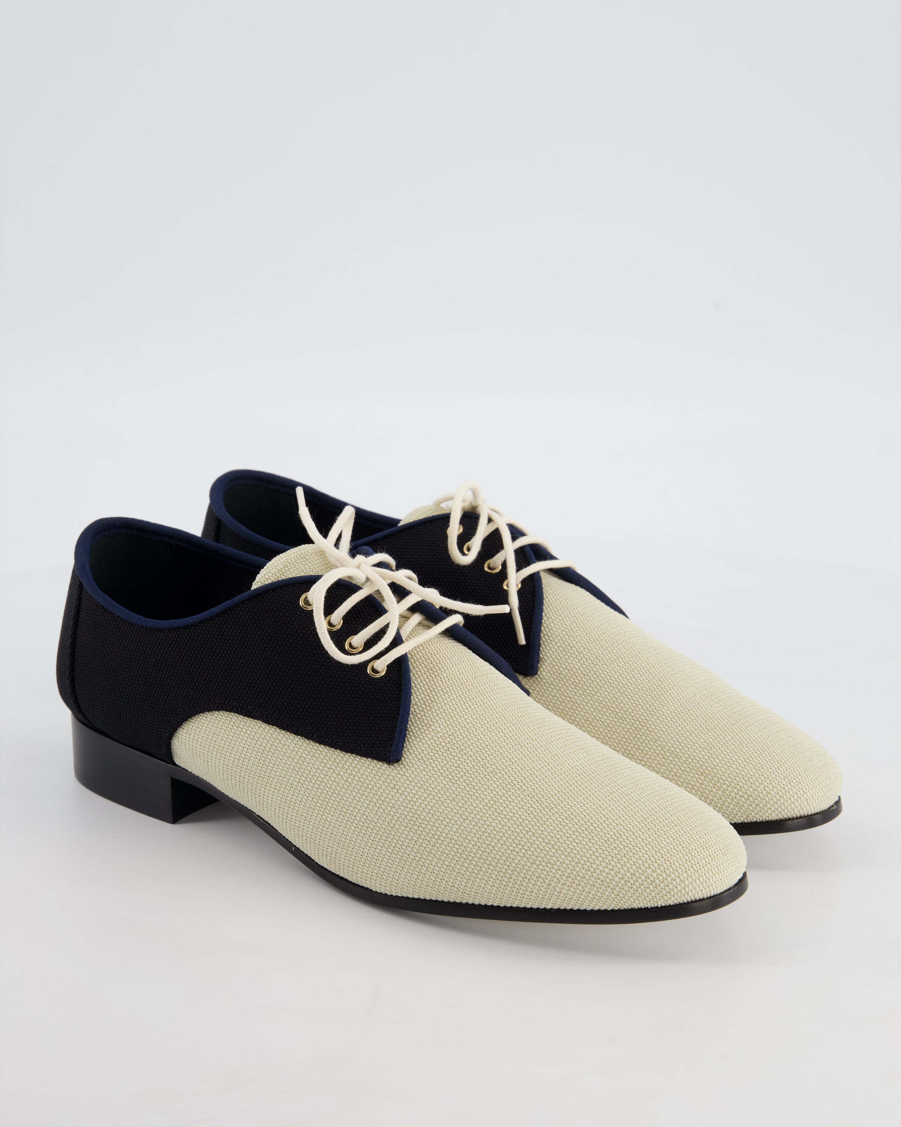 Chanel Cream, Navy & Black Canvas Oxfords Shoes with Interlocking CC Logo Detail Size EU 38