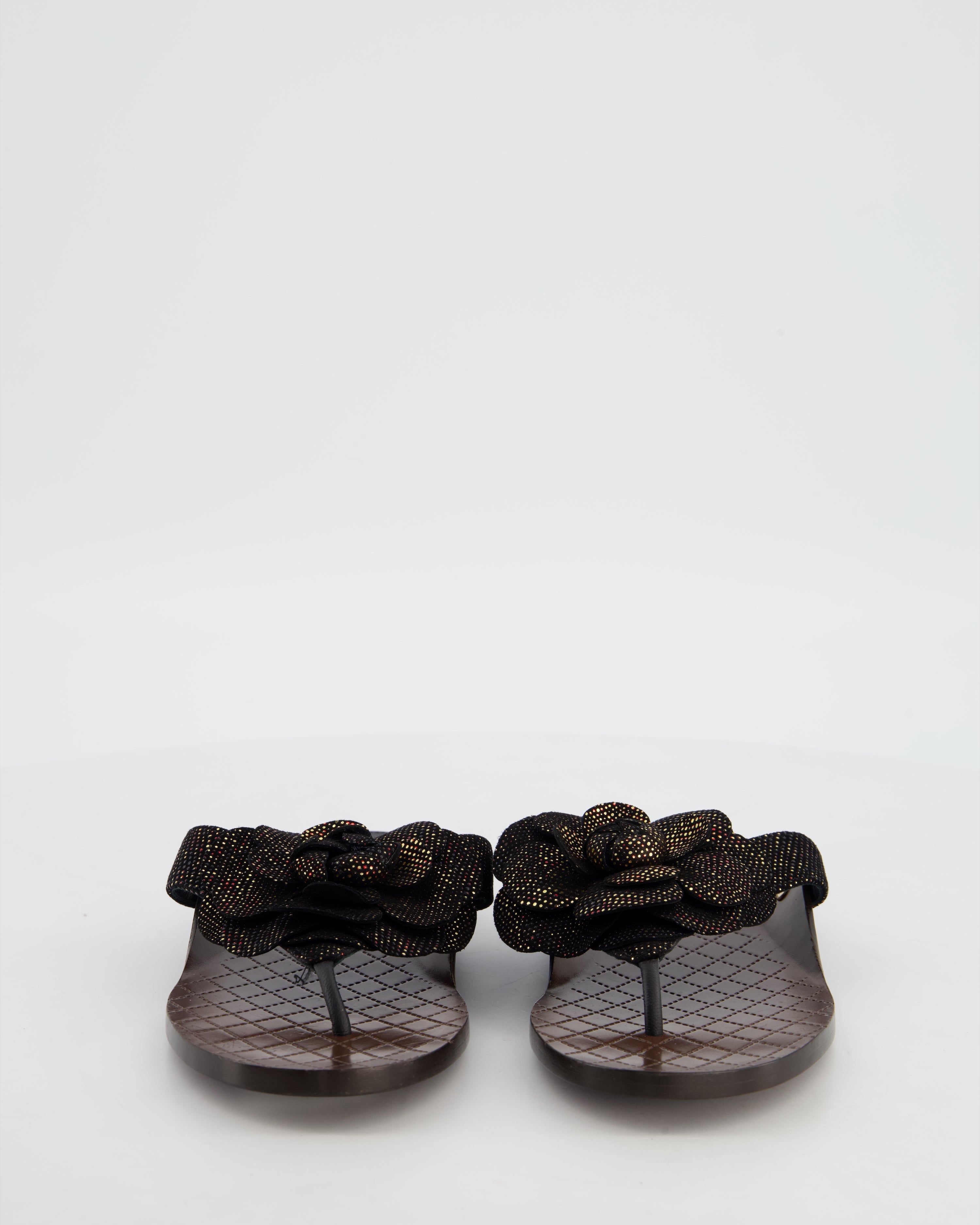 Chanel Black Metallic Suede Camellia Sandals Size EU 37