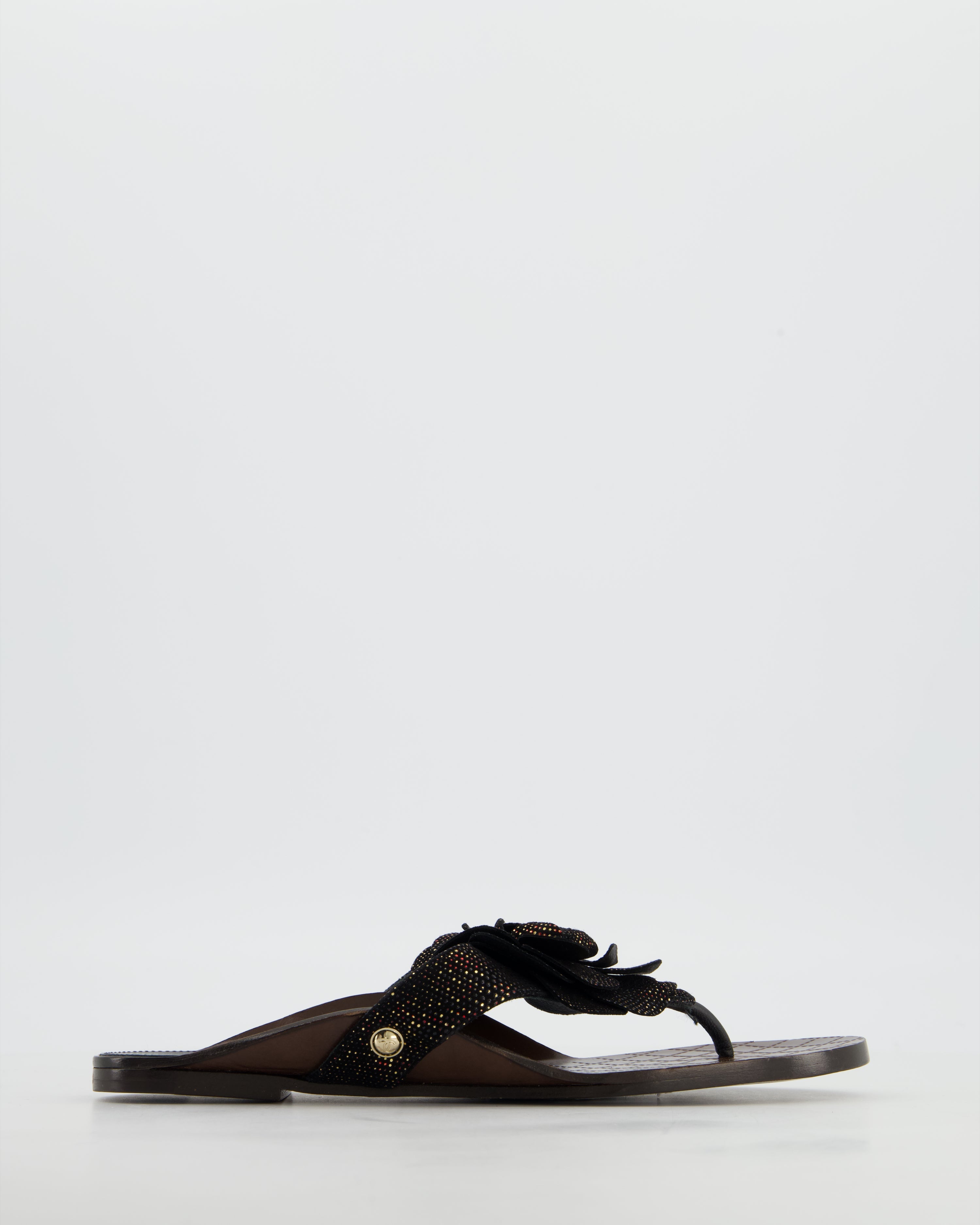 Chanel Black Metallic Suede Camellia Sandals Size EU 37