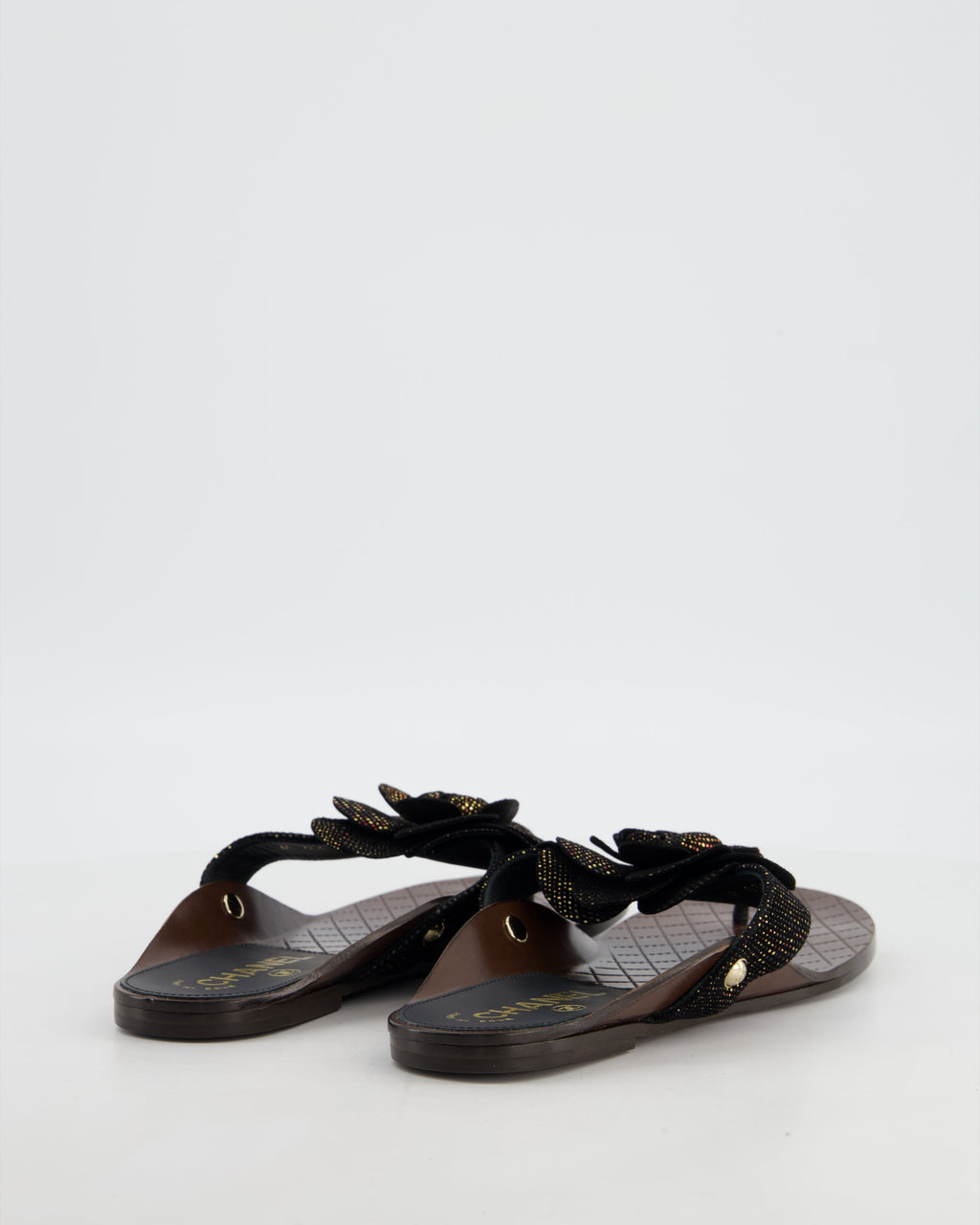 Chanel Black Metallic Suede Camellia Sandals Size EU 37