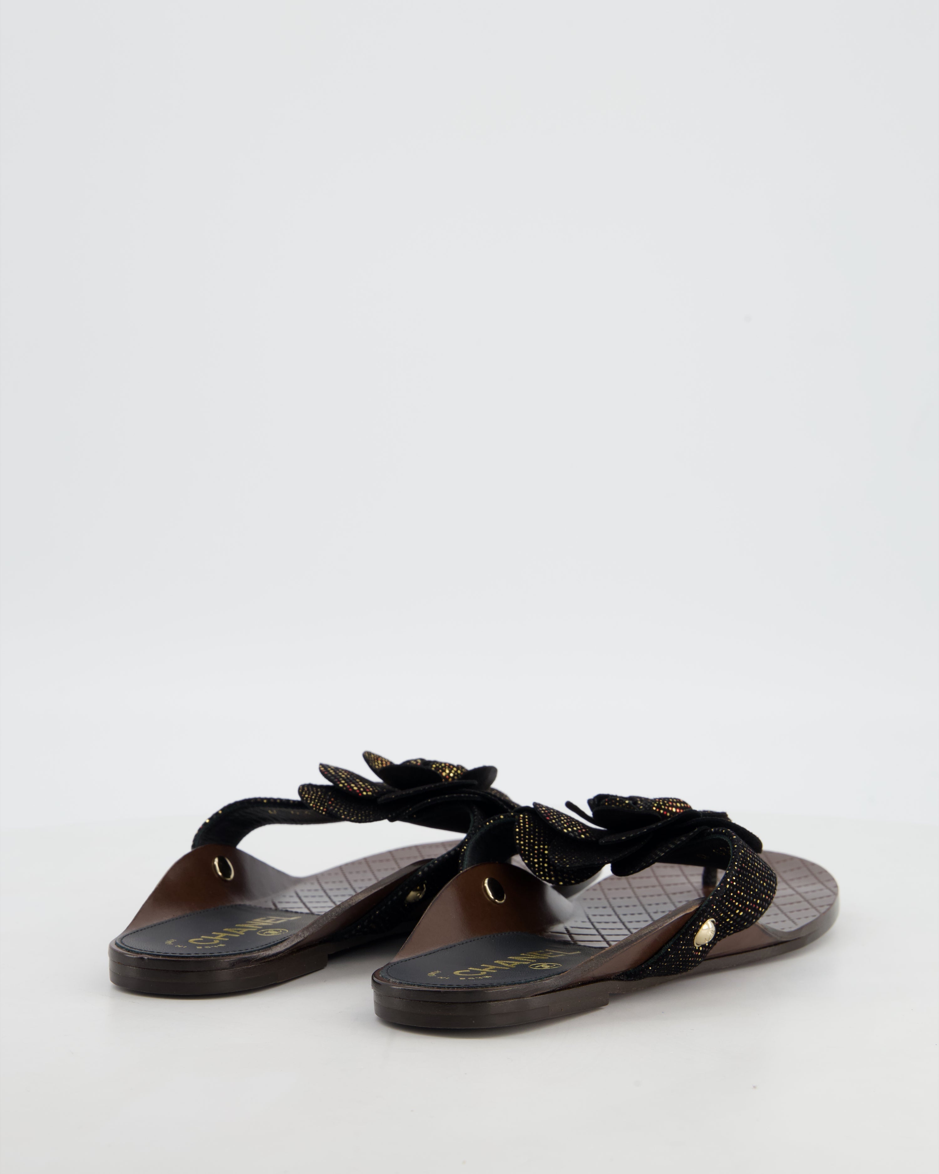 Chanel Black Metallic Suede Camellia Sandals Size EU 37