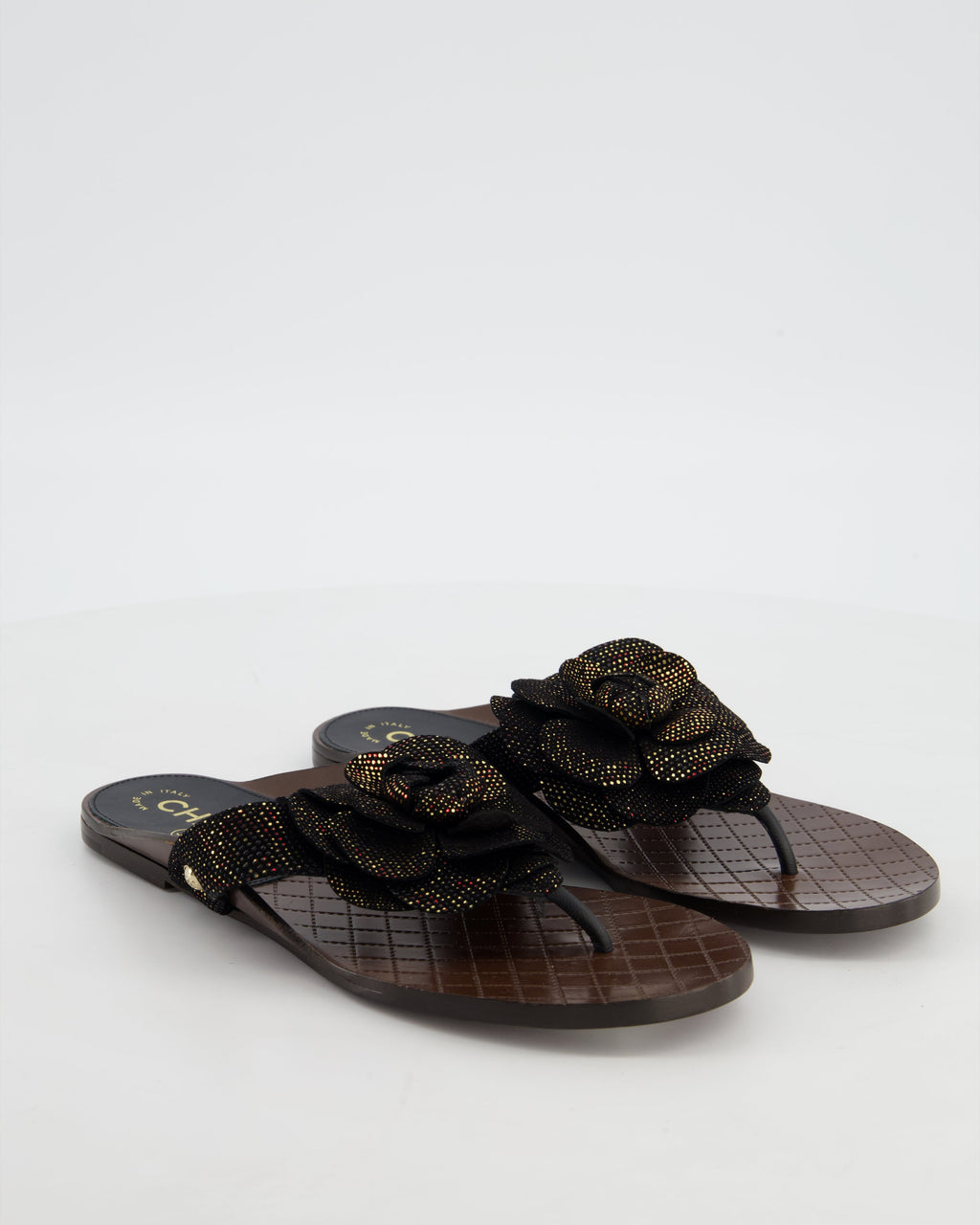 Chanel Black Metallic Suede Camellia Sandals Size EU 37