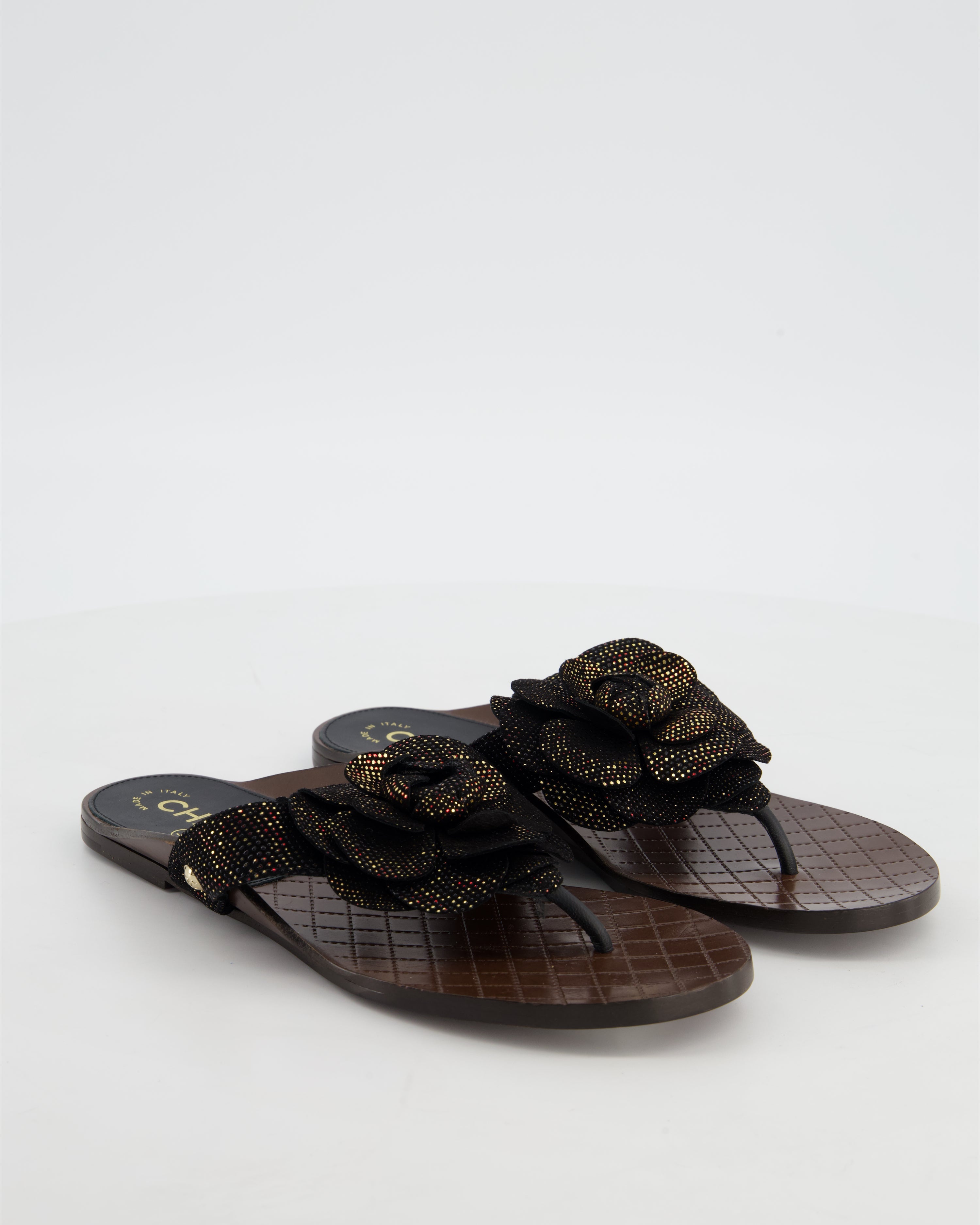 Chanel Black Metallic Suede Camellia Sandals Size EU 37