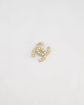 Chanel Champagne Gold CC Brooch with Embellished Pearls Detail