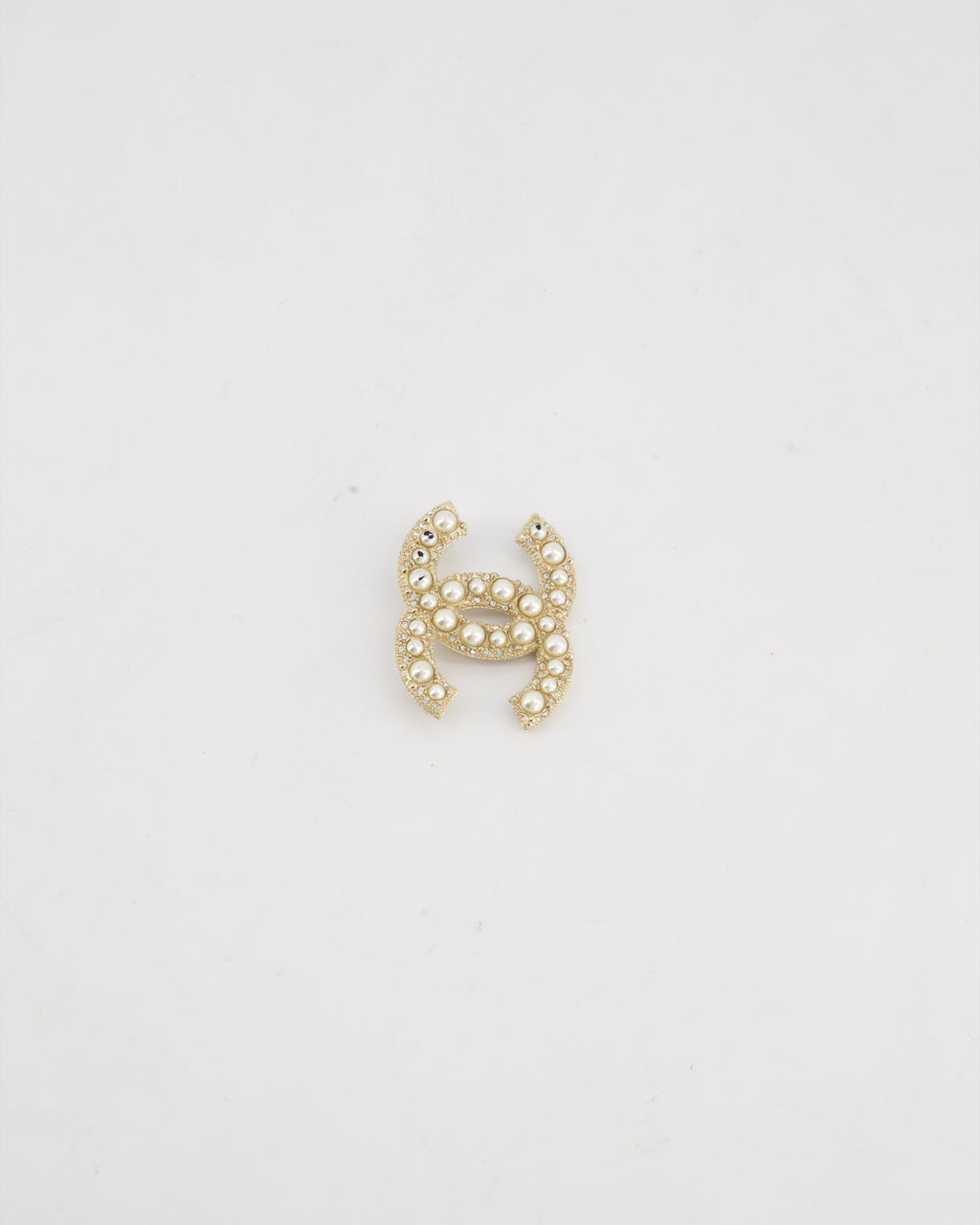 Chanel Champagne Gold CC Brooch with Embellished Pearls Detail