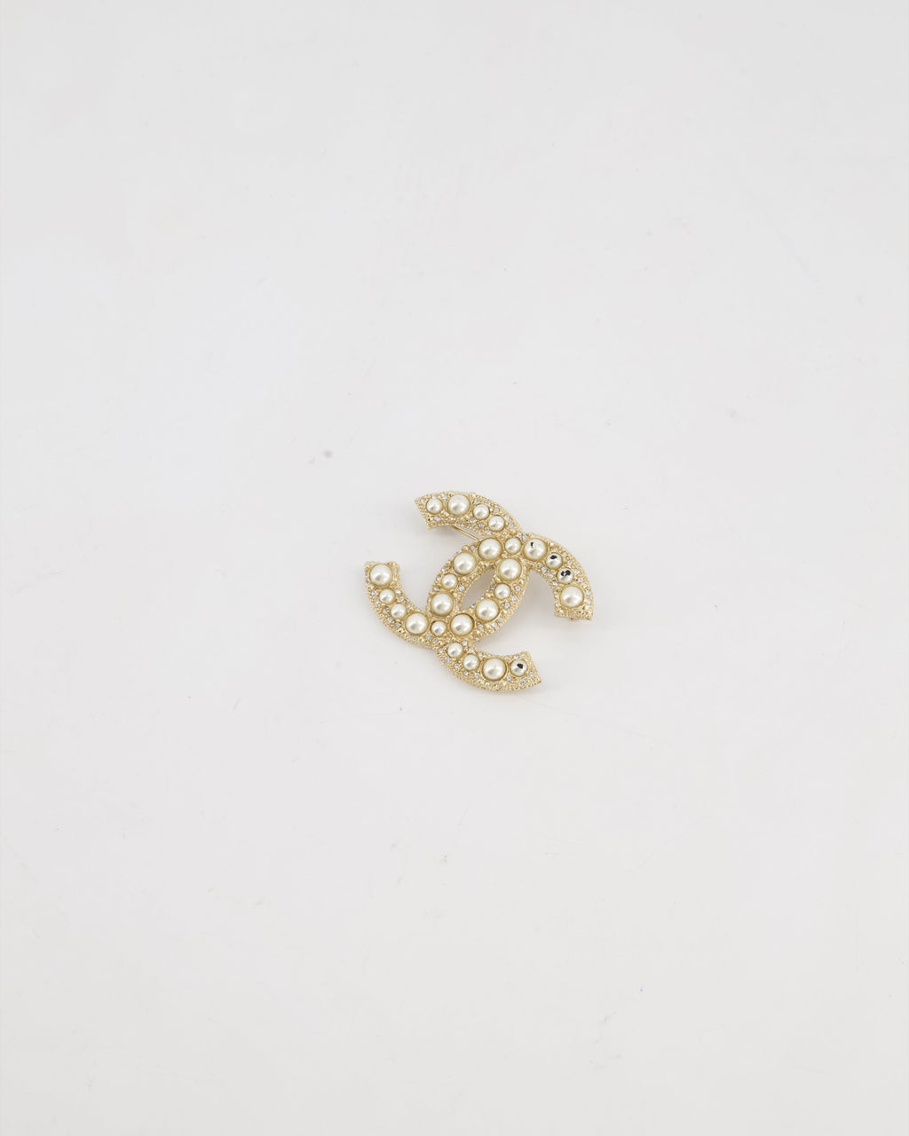 Chanel Champagne Gold CC Brooch with Embellished Pearls Detail