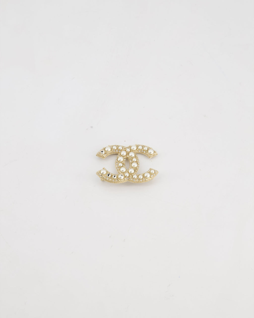 Chanel Champagne Gold CC Brooch with Embellished Pearls Detail