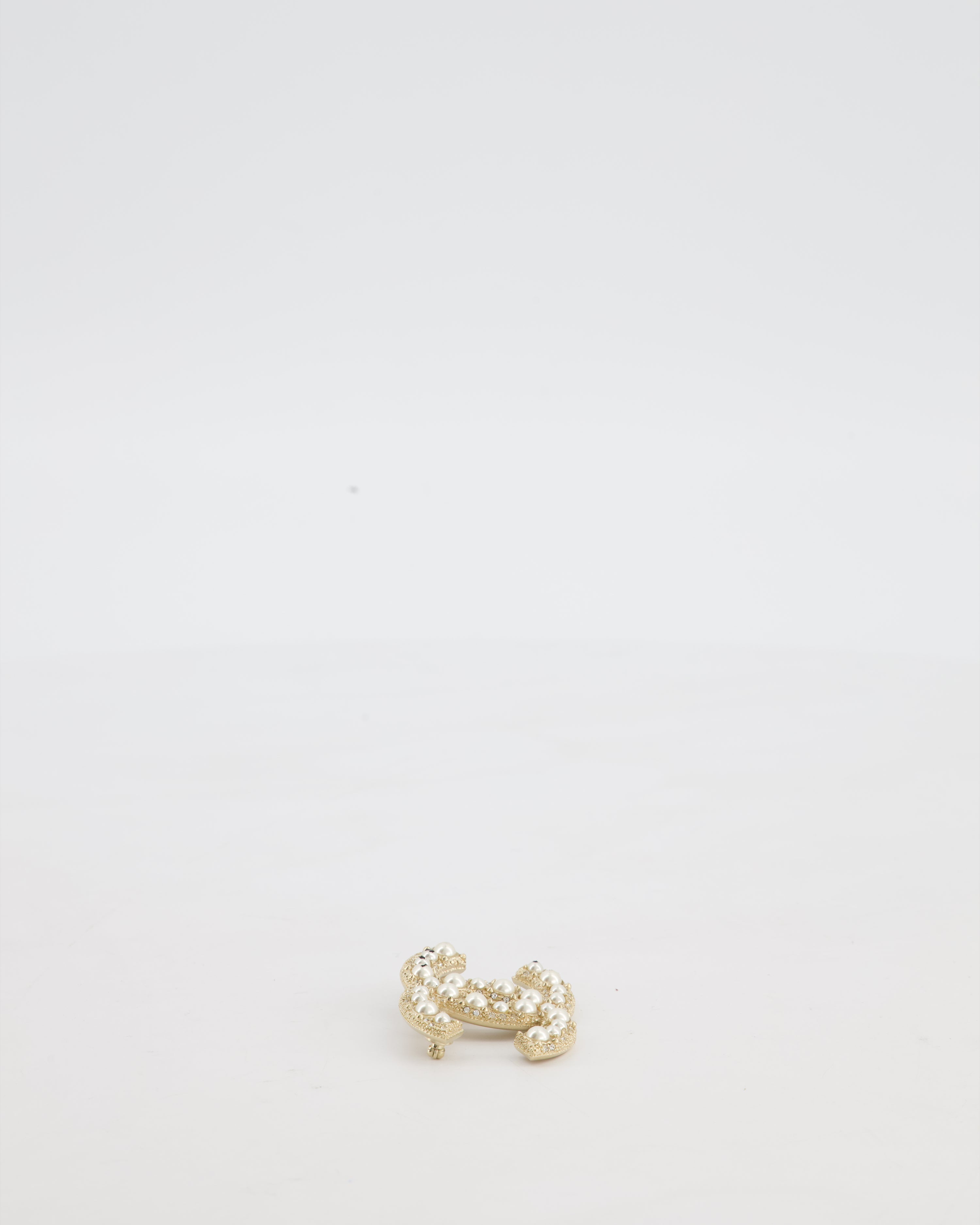 Chanel Champagne Gold CC Brooch with Embellished Pearls Detail
